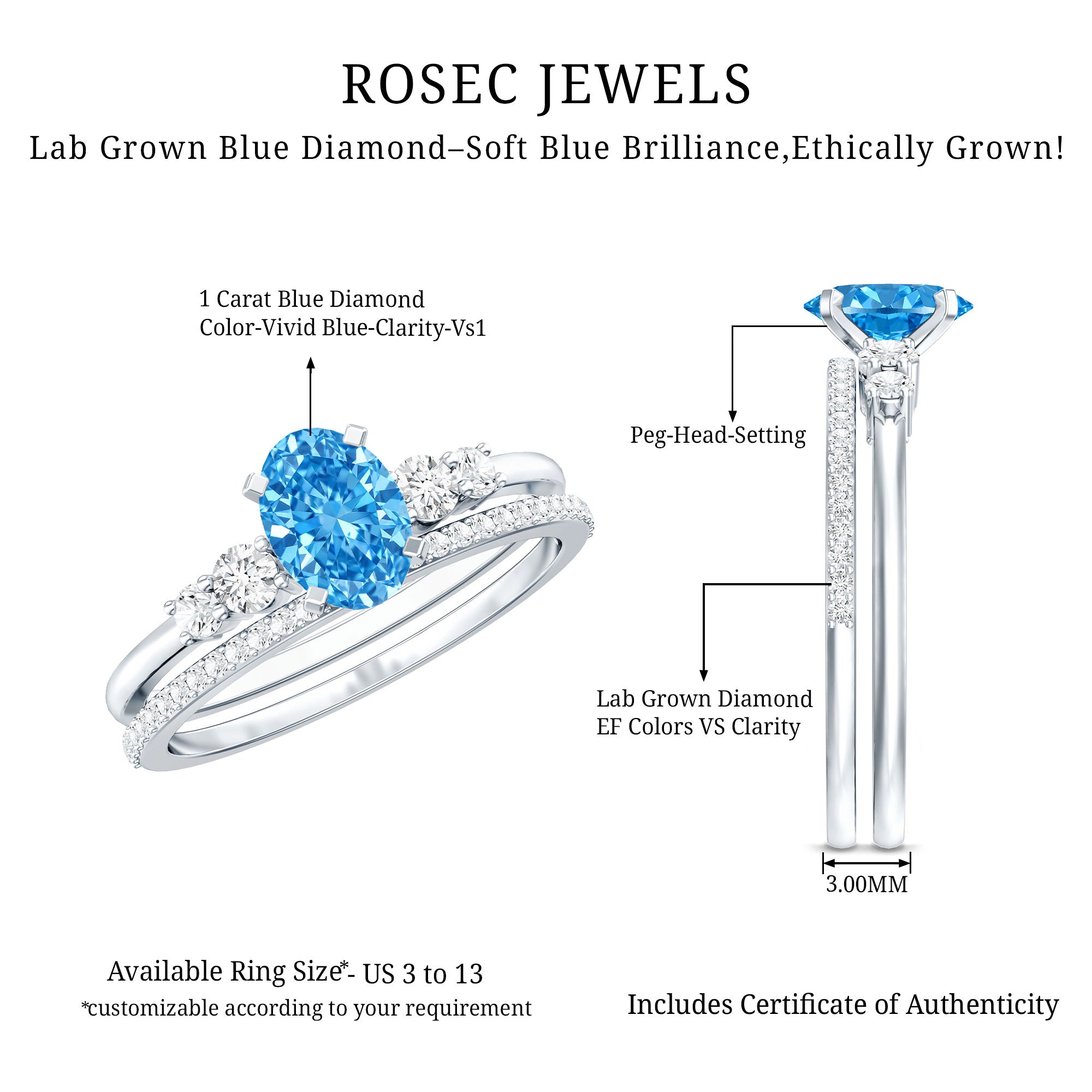 IGI Certified 1 Carat Oval Lab Grown Blue and White Diamond Bridal Ring Set Vivid Blue - VS1 - Rosec Jewels
