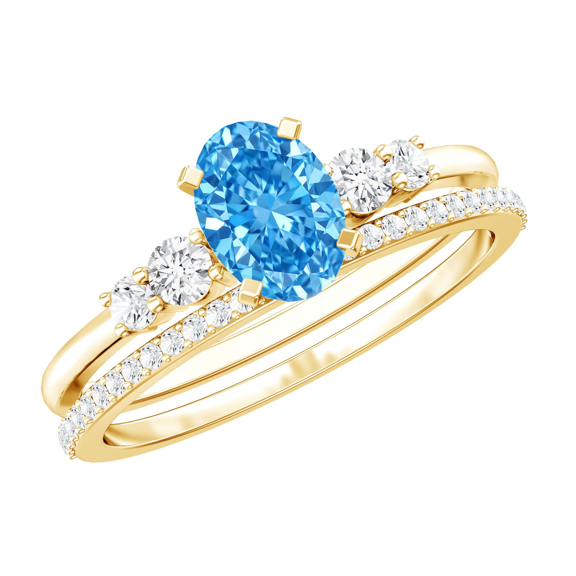 IGI Certified 1 Carat Oval Lab Grown Blue and White Diamond Bridal Ring Set Vivid Blue - VS1 - Rosec Jewels