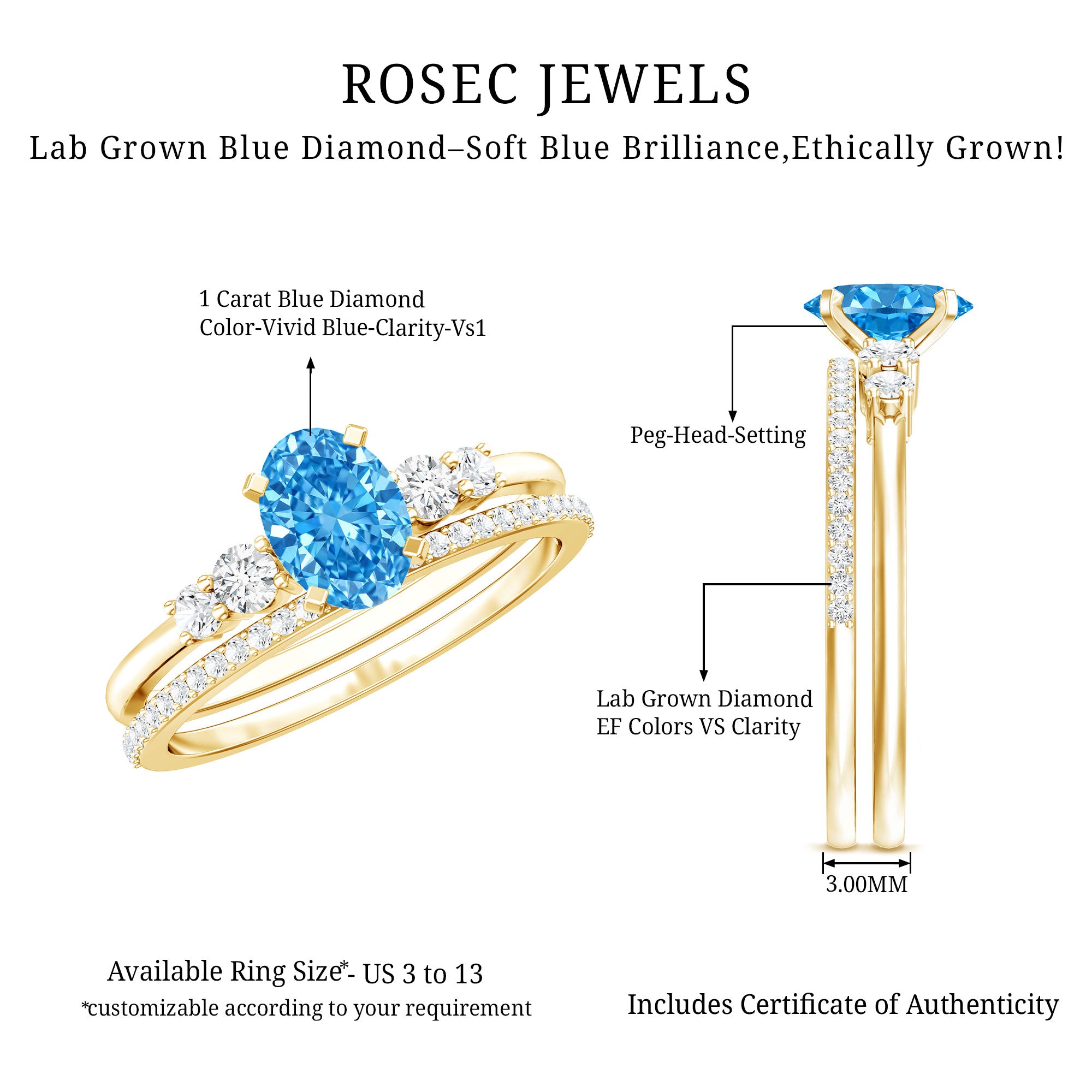 IGI Certified 1 Carat Oval Lab Grown Blue and White Diamond Bridal Ring Set Vivid Blue - VS1 - Rosec Jewels