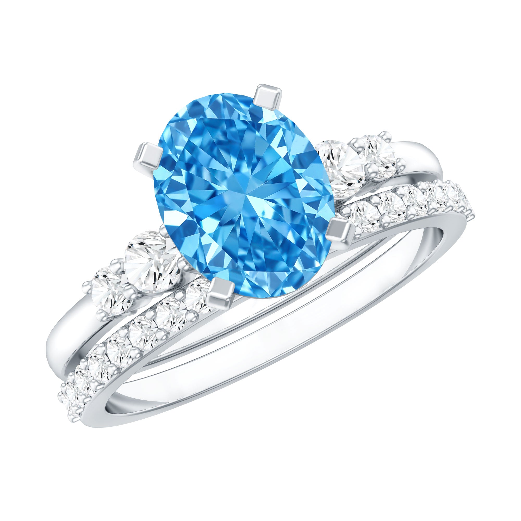 2 Carat Lab Grown Blue Diamond Oval Wedding Ring Set with IGI Certified Vivid Blue - VS1 - Rosec Jewels