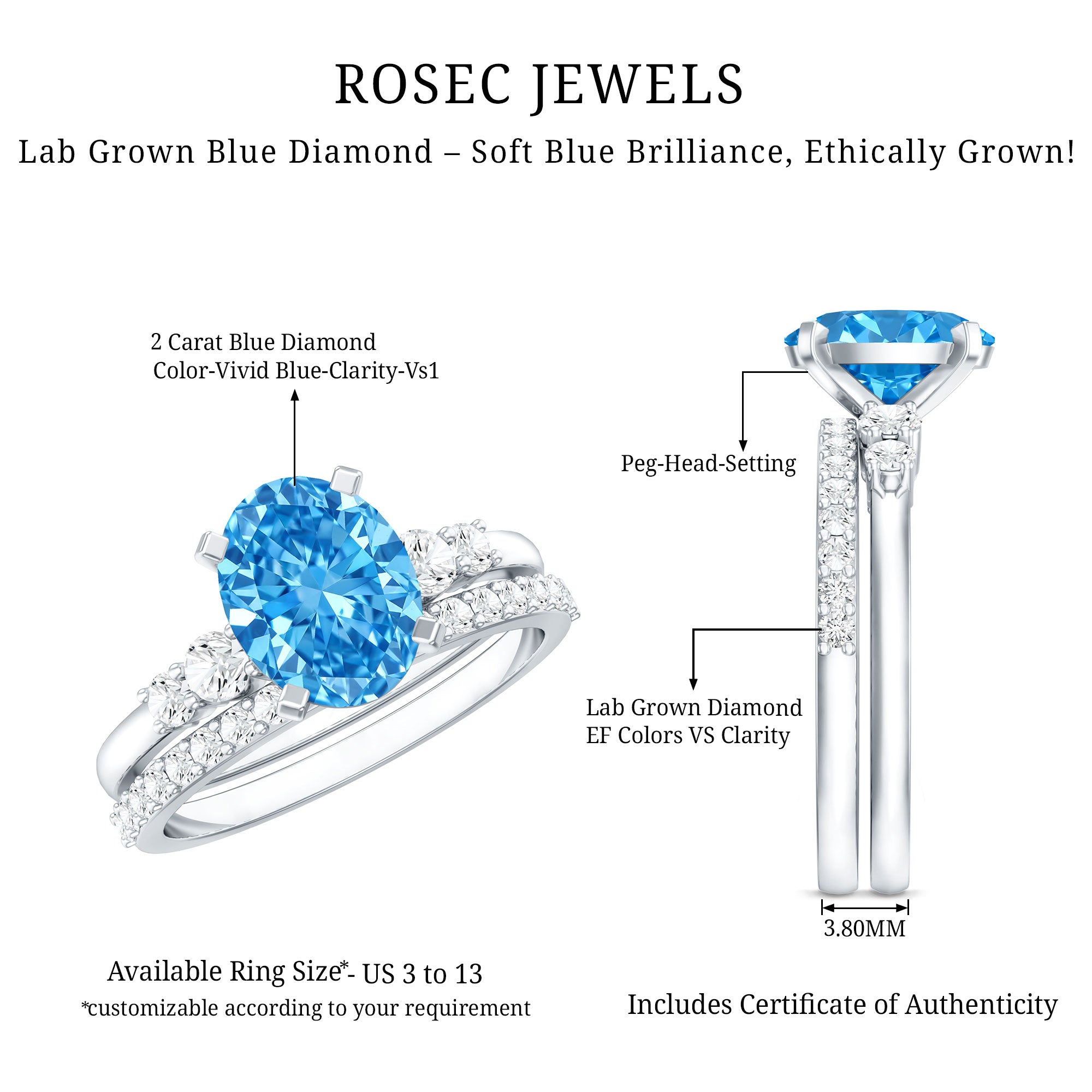 2 Carat Lab Grown Blue Diamond Oval Wedding Ring Set with IGI Certified Vivid Blue - VS1 - Rosec Jewels