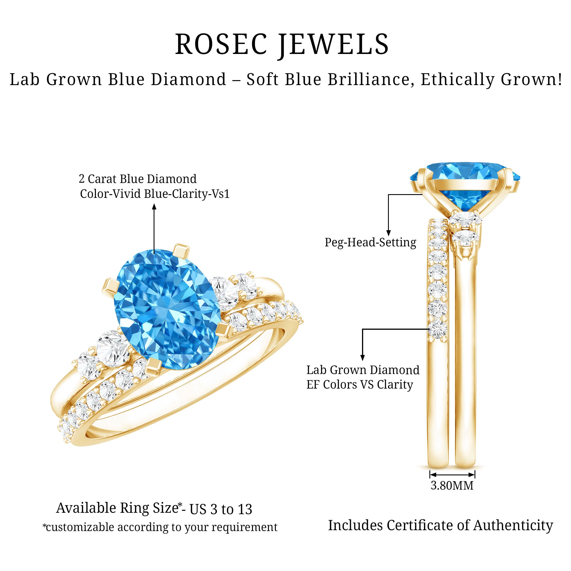 2 Carat Lab Grown Blue Diamond Oval Wedding Ring Set with IGI Certified Vivid Blue - VS1 - Rosec Jewels