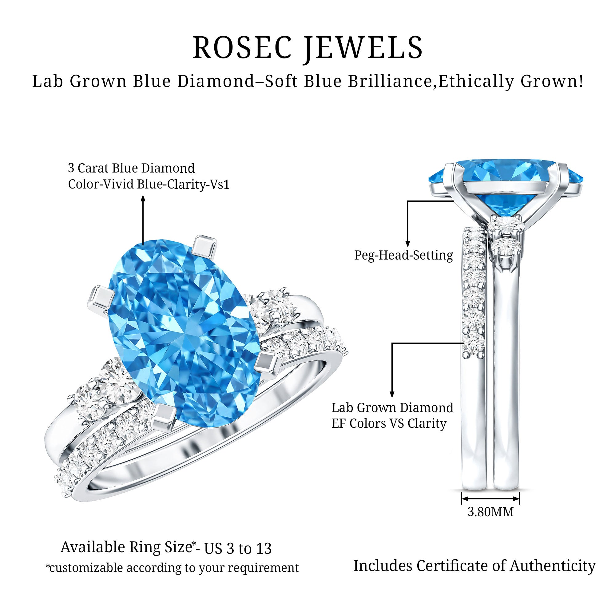 3 Carat Oval Shaped Lab Grown Blue Diamond Wedding Ring Set with IGI Certificate Vivid Blue - VS1 - Rosec Jewels