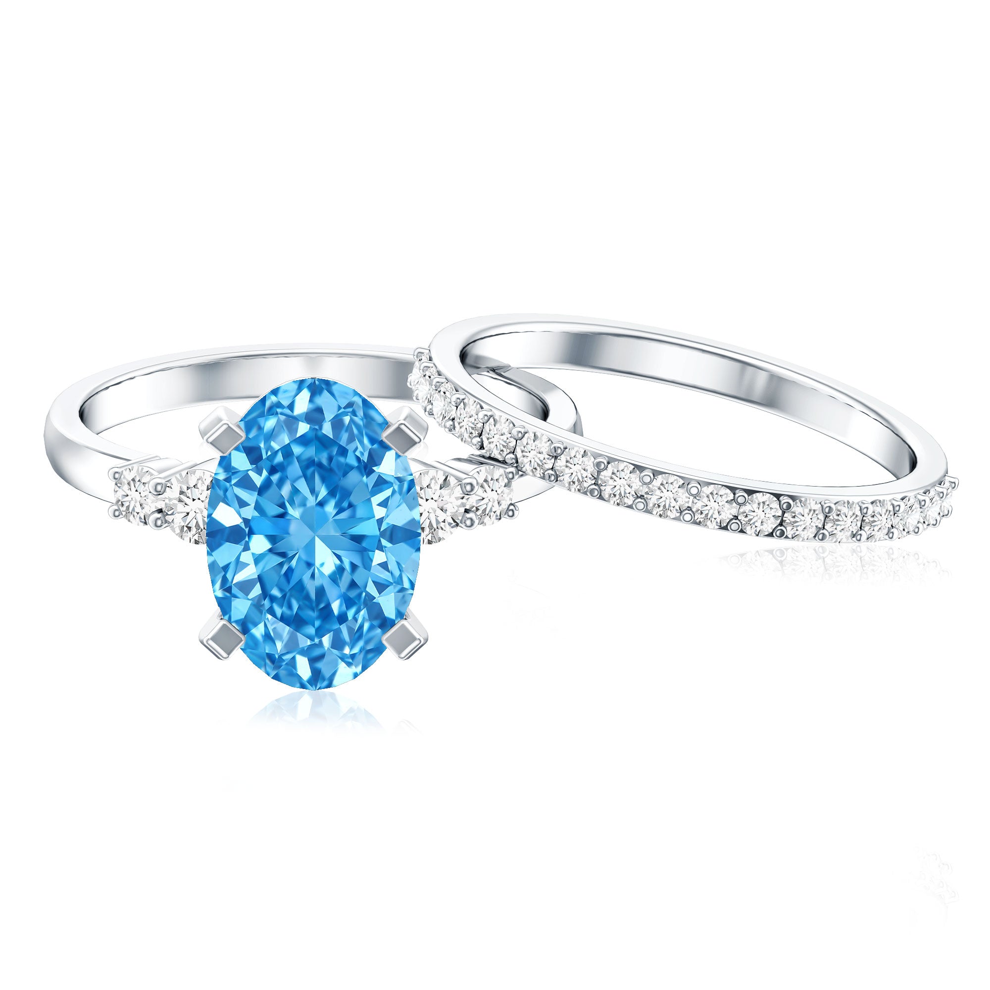 3 Carat Oval Shaped Lab Grown Blue Diamond Wedding Ring Set with IGI Certificate Vivid Blue - VS1 - Rosec Jewels