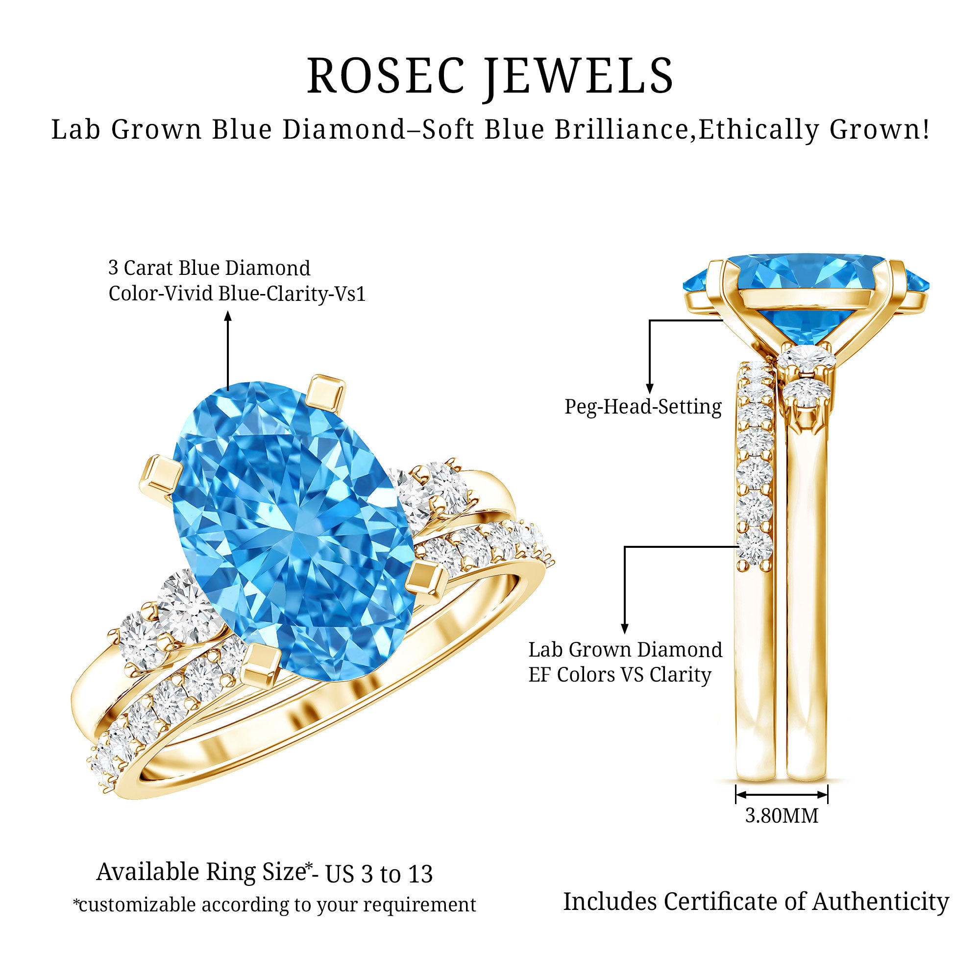 3 Carat Oval Shaped Lab Grown Blue Diamond Wedding Ring Set with IGI Certificate Vivid Blue - VS1 - Rosec Jewels