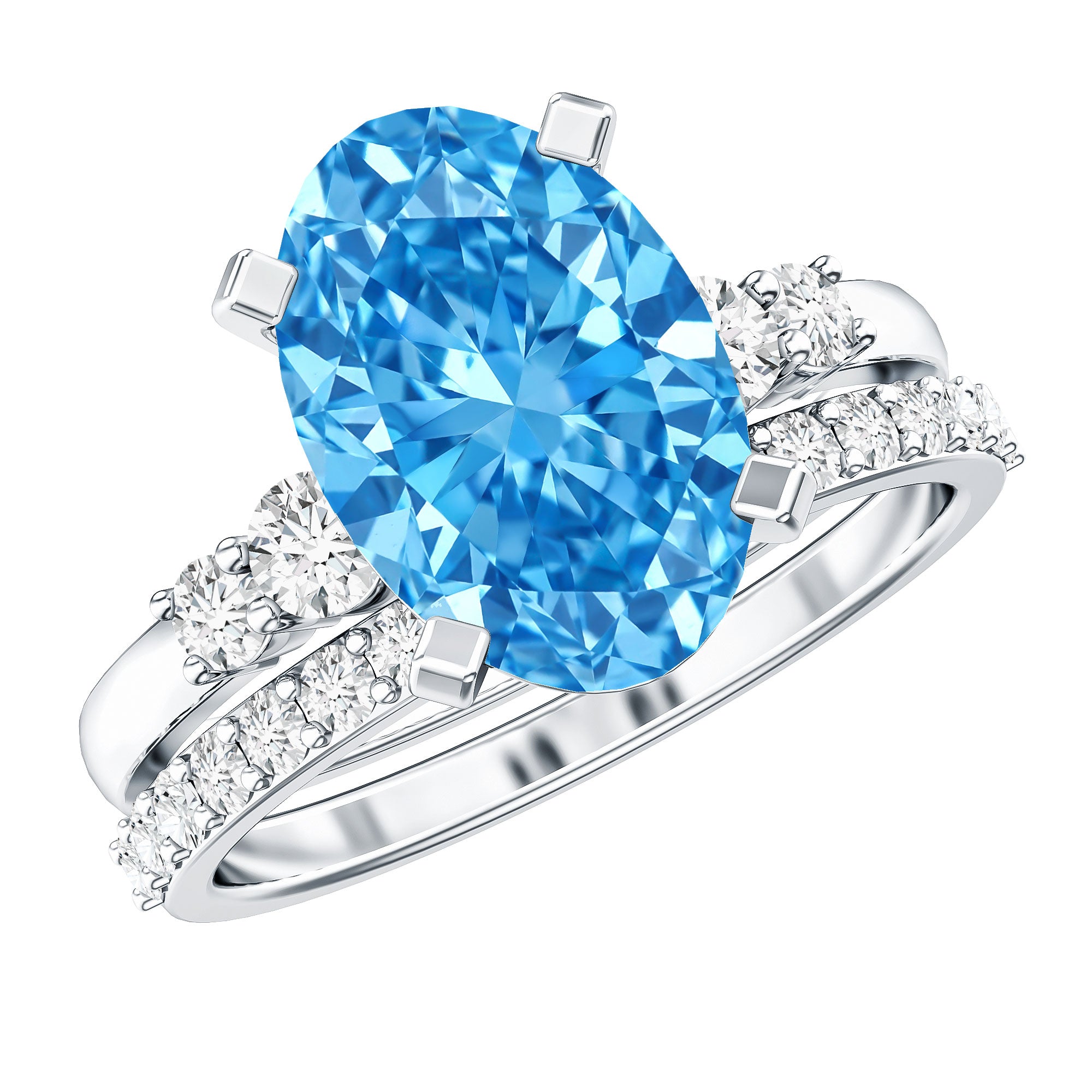 IGI Certified 4 Carat Lab Grown Blue Diamond Oval Engagement Ring with Wedding Band Vivid Blue - VS1 - Rosec Jewels