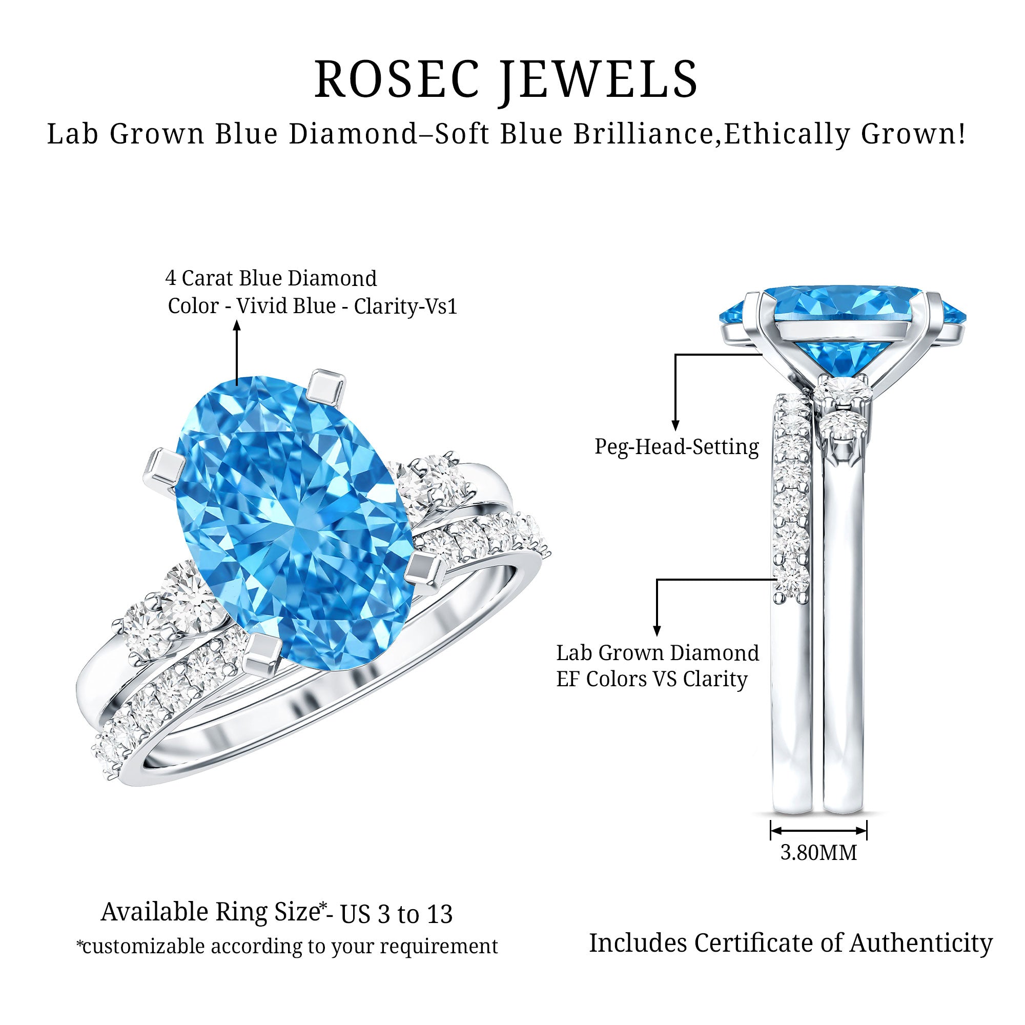 IGI Certified 4 Carat Lab Grown Blue Diamond Oval Engagement Ring with Wedding Band Vivid Blue - VS1 - Rosec Jewels