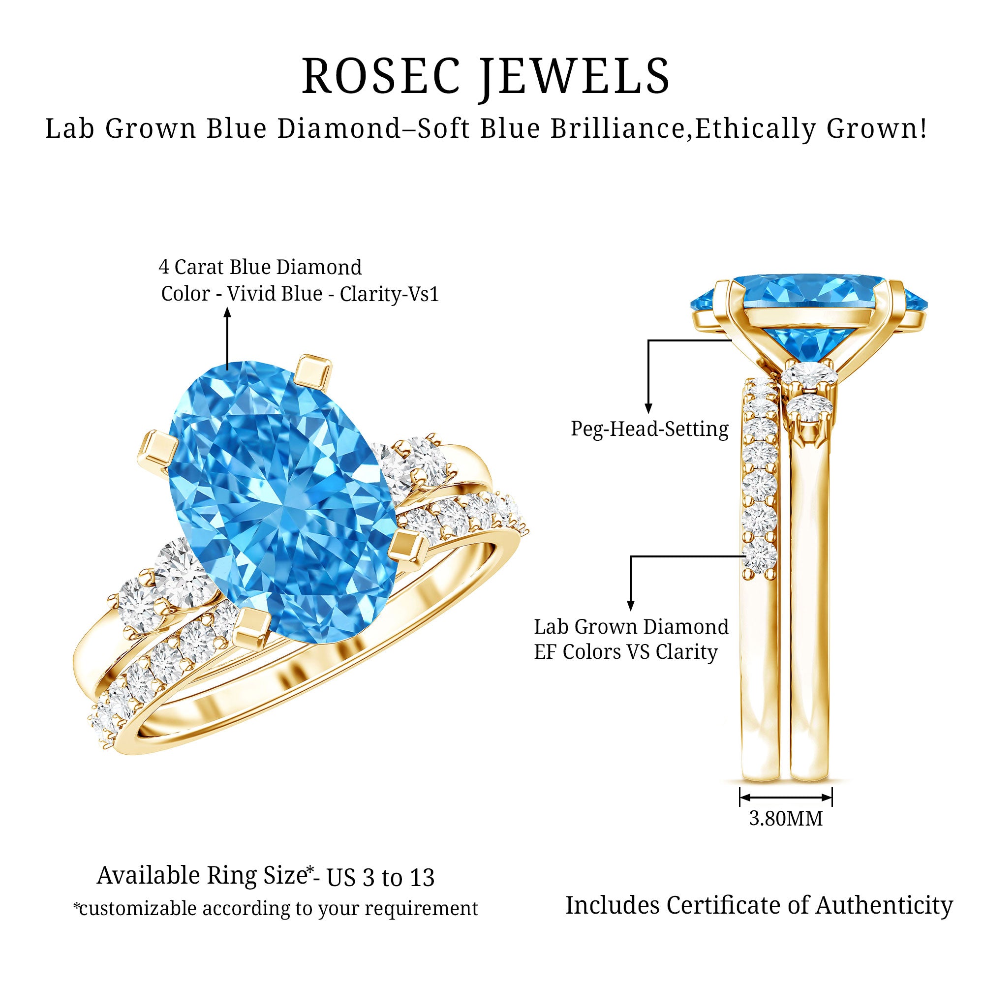 IGI Certified 4 Carat Lab Grown Blue Diamond Oval Engagement Ring with Wedding Band Vivid Blue - VS1 - Rosec Jewels