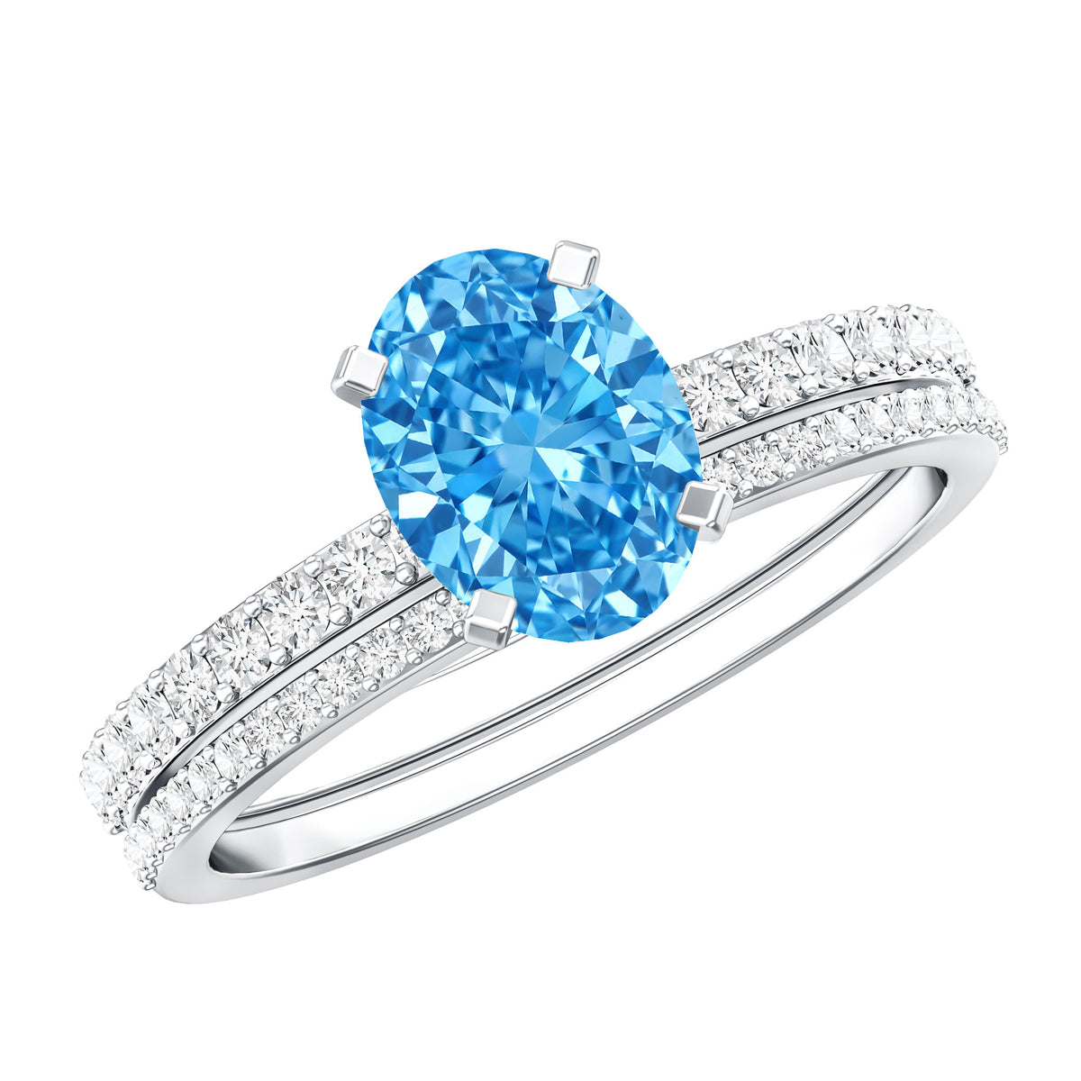 1 Carat Oval Shaped Lab Grown Blue and White Diamond Wedding Ring Set IGI Certified Vivid Blue - VS1 - Rosec Jewels