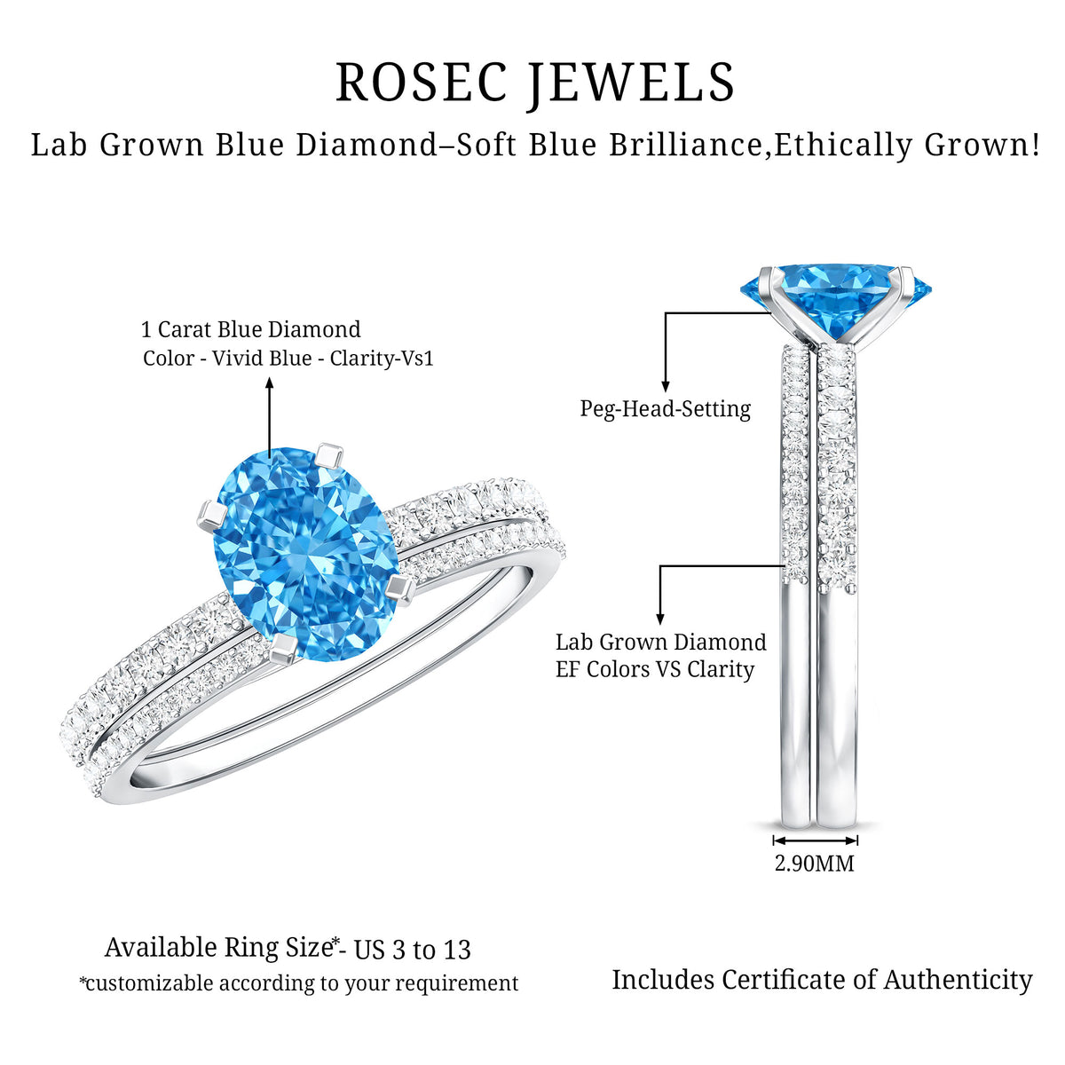 1 Carat Oval Shaped Lab Grown Blue and White Diamond Wedding Ring Set IGI Certified Vivid Blue - VS1 - Rosec Jewels