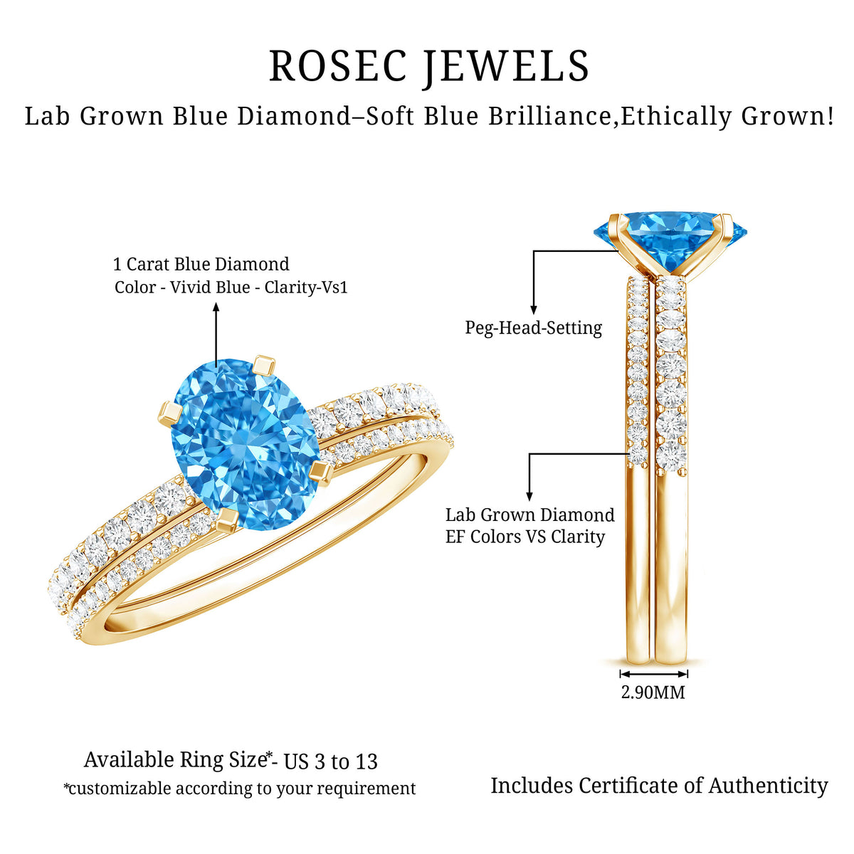 1 Carat Oval Shaped Lab Grown Blue and White Diamond Wedding Ring Set IGI Certified Vivid Blue - VS1 - Rosec Jewels