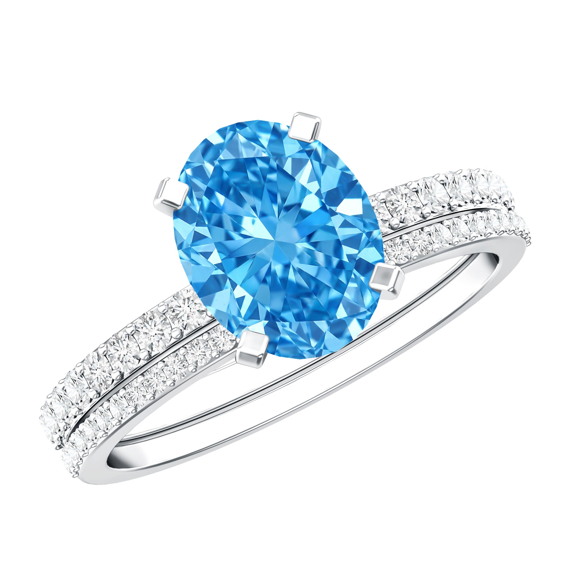 Oval Shaped 2 Carat Lab Blue Diamond Engagement Ring Set with IGI Certificate Vivid Blue - VS1 - Rosec Jewels