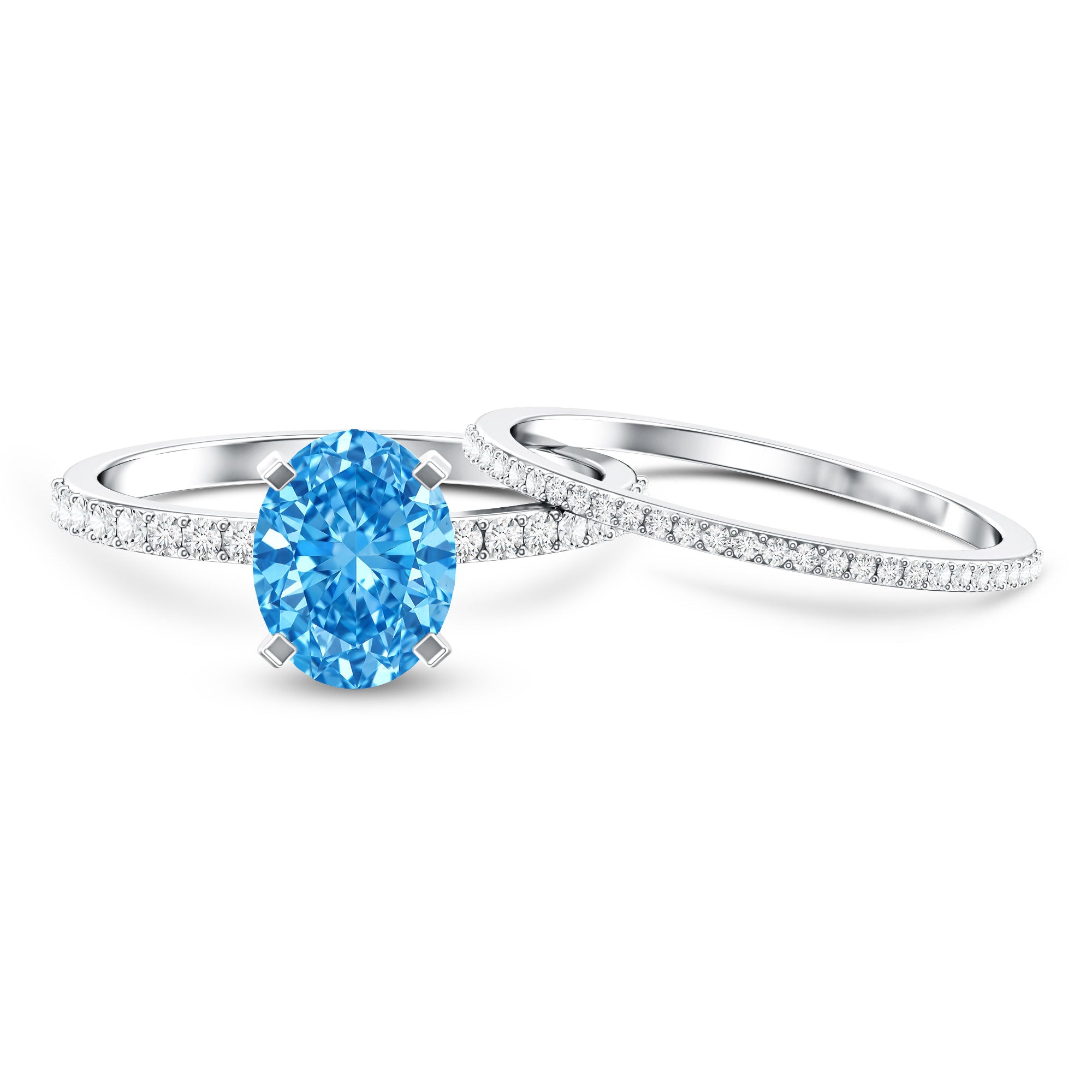 Oval Shaped 2 Carat Lab Blue Diamond Engagement Ring Set with IGI Certificate Vivid Blue - VS1 - Rosec Jewels