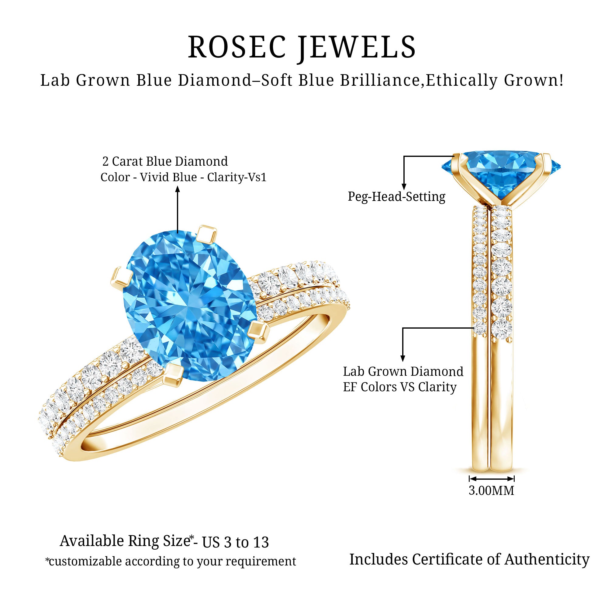 Oval Shaped 2 Carat Lab Blue Diamond Engagement Ring Set with IGI Certificate Vivid Blue - VS1 - Rosec Jewels