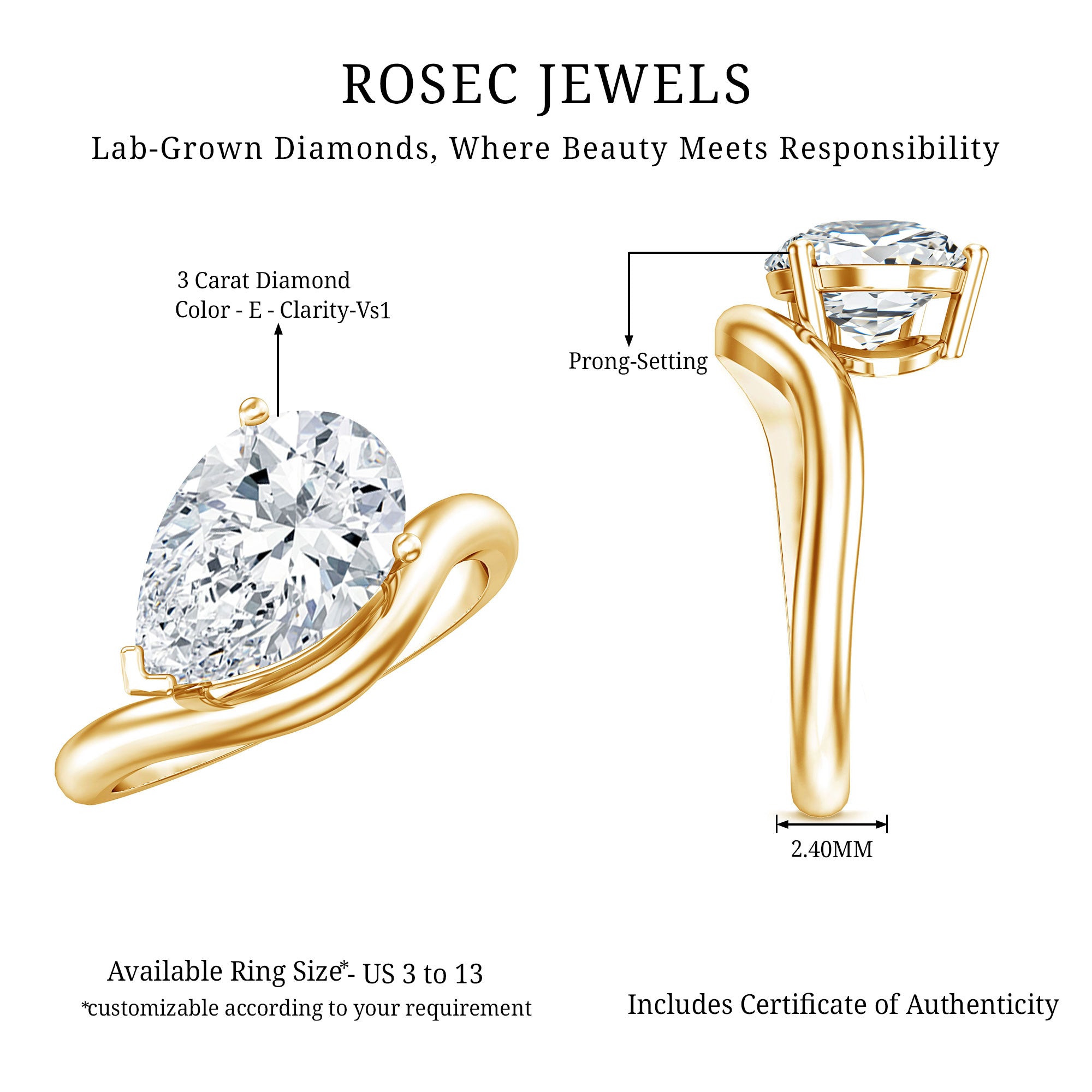 Rosec Jewels-3 Carat Pear Shaped Lab Grown Diamond East West Engagement Ring IGI Certified