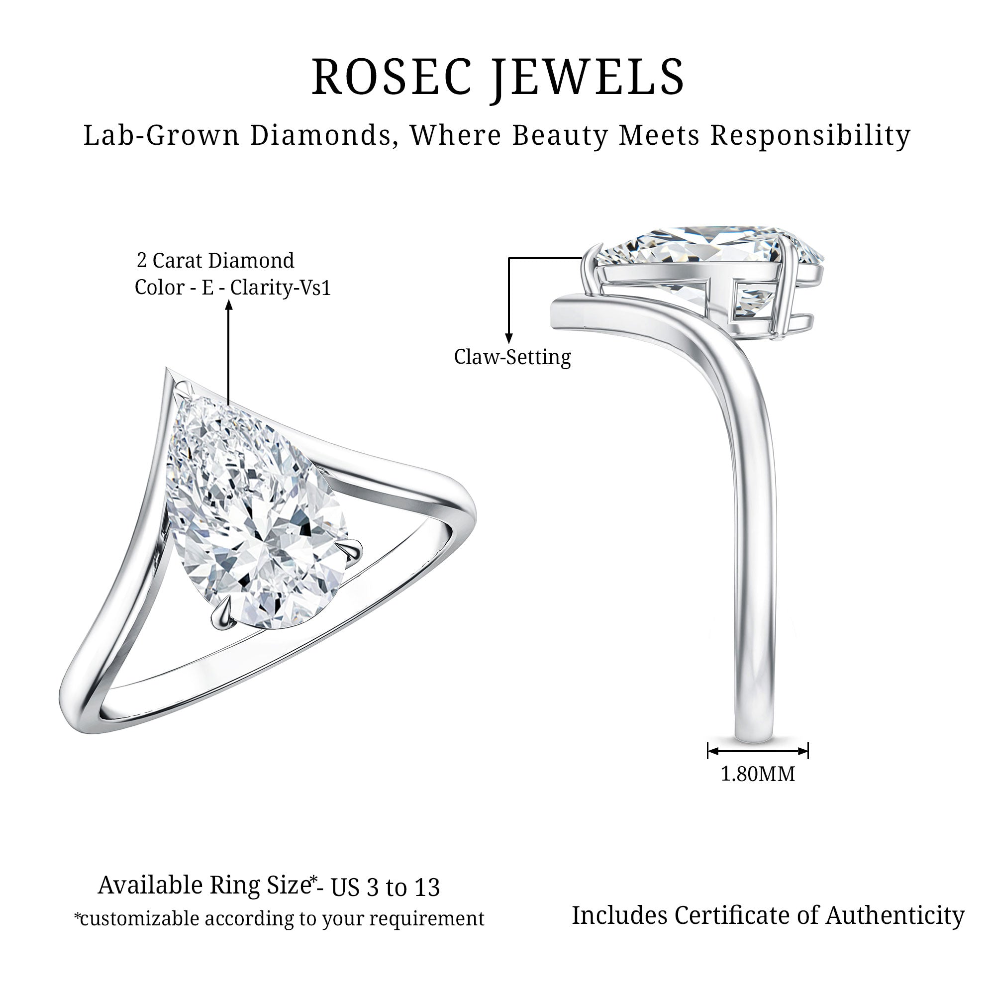 Rosec Jewels-Pear Shape 2 Carat Lab Grown Diamond Chevron Engagement Ring with IGI Certificate