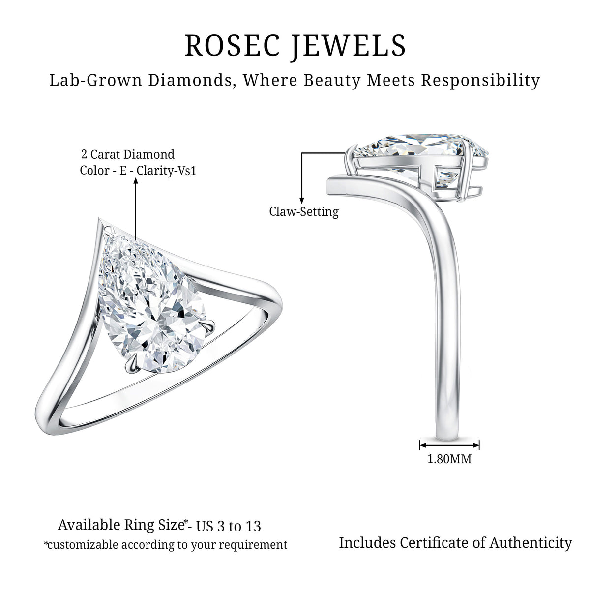Pear Shape 2 Carat Lab Grown Diamond Chevron Engagement Ring with IGI Certificate Lab - ( E-VS1 ) - Rosec Jewels
