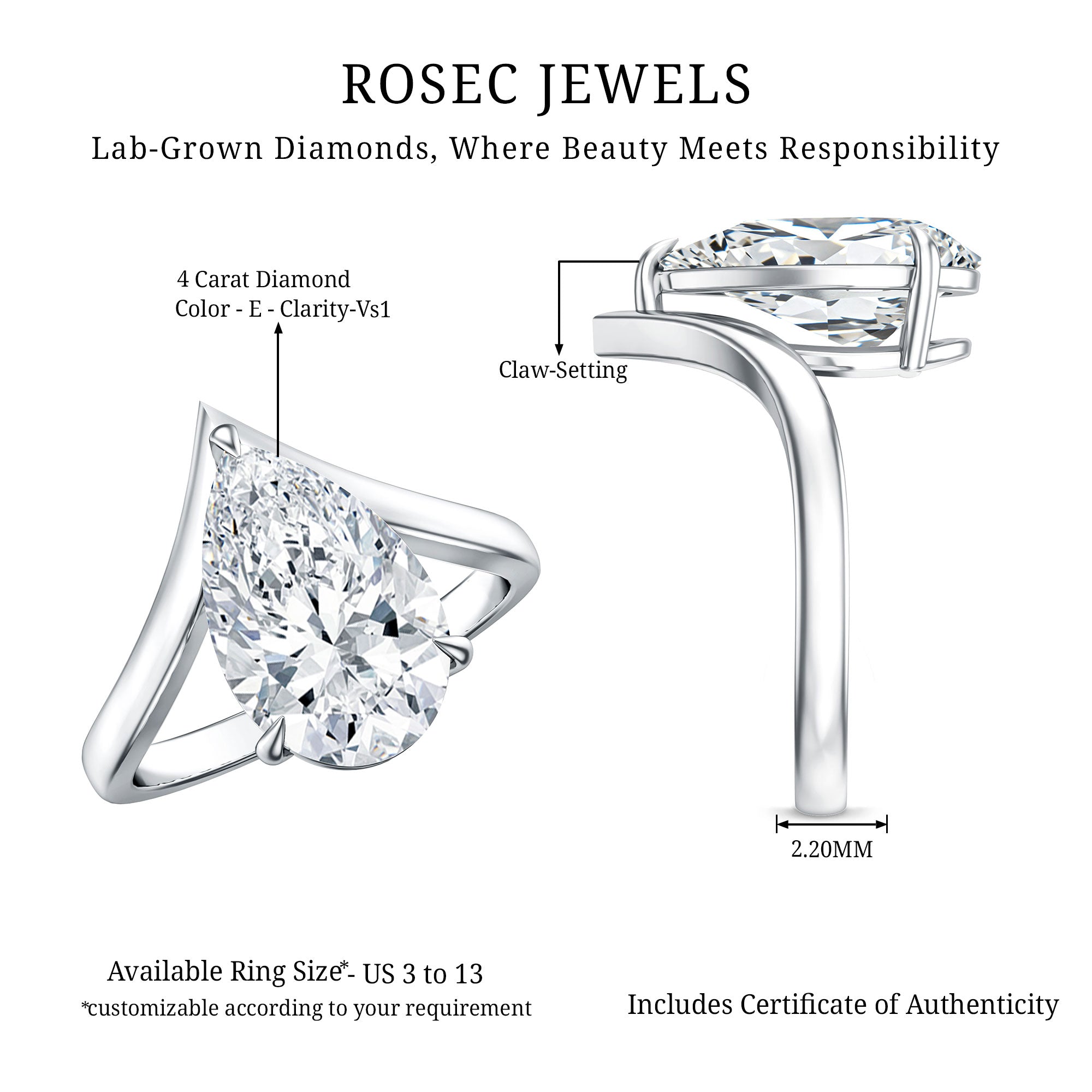 Rosec Jewels-IGI Certified 4 Carat Lab Grown Diamond Pear Engagement Ring with Chevron Shank
