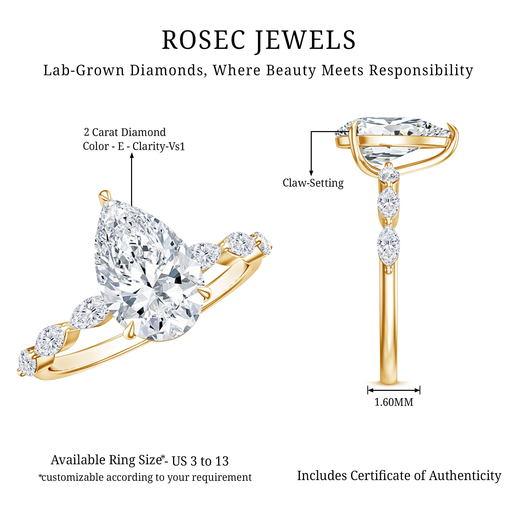 Rosec Jewels-Pear Shaped Lab Grown Diamond 2 Carat Engagement Ring IGI Certified