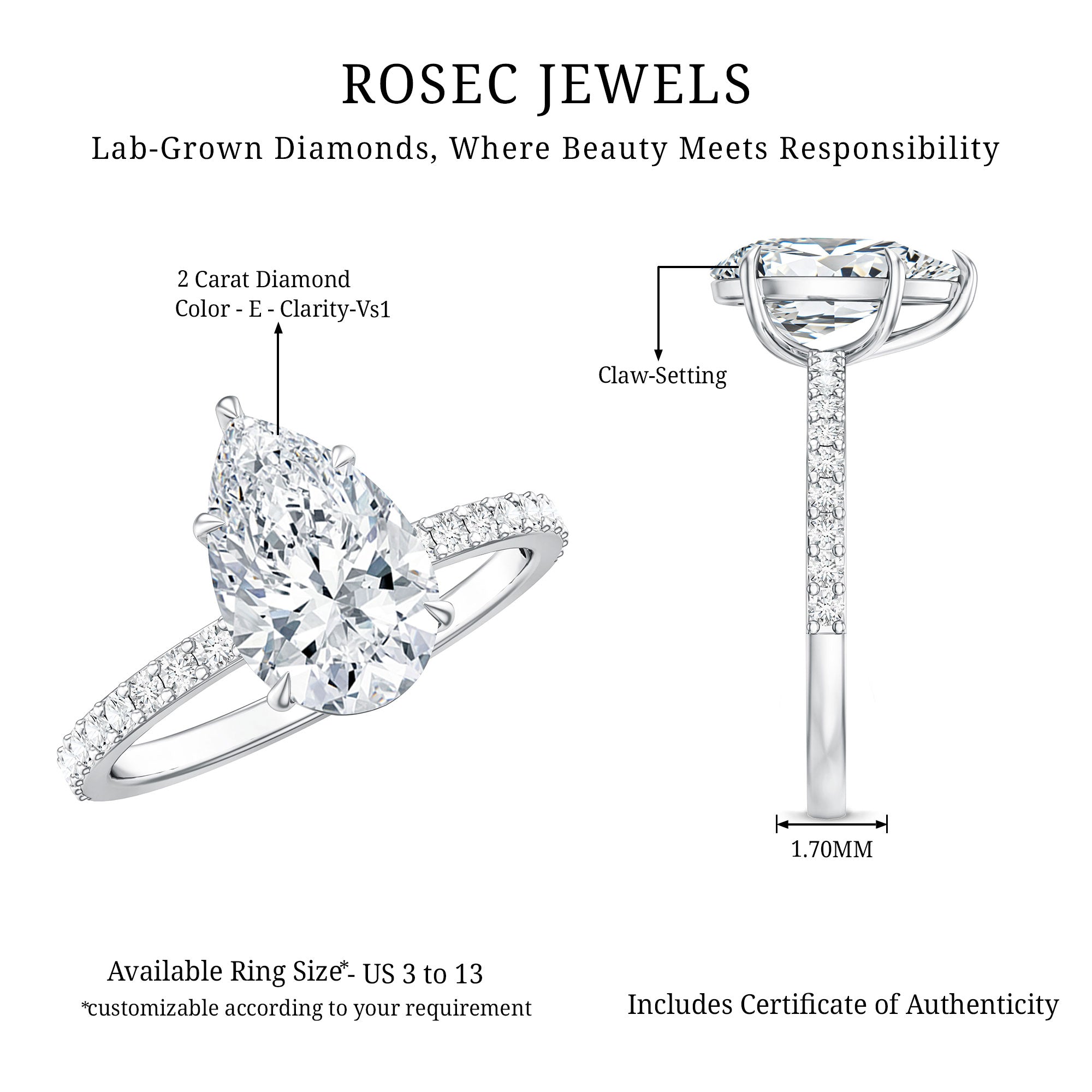 Rosec Jewels-IGI Certified 2 Carat Lab Grown Diamond Teardrop Engagement Ring with Side Stones