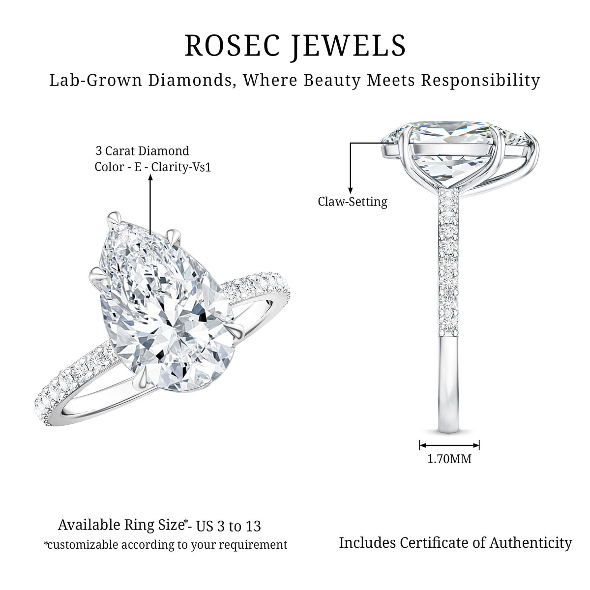 IGI Certified 3 Carat Pear Shape Lab Grown Diamond Engagement Ring with Side Stones Lab - ( E-VS1 ) - Rosec Jewels