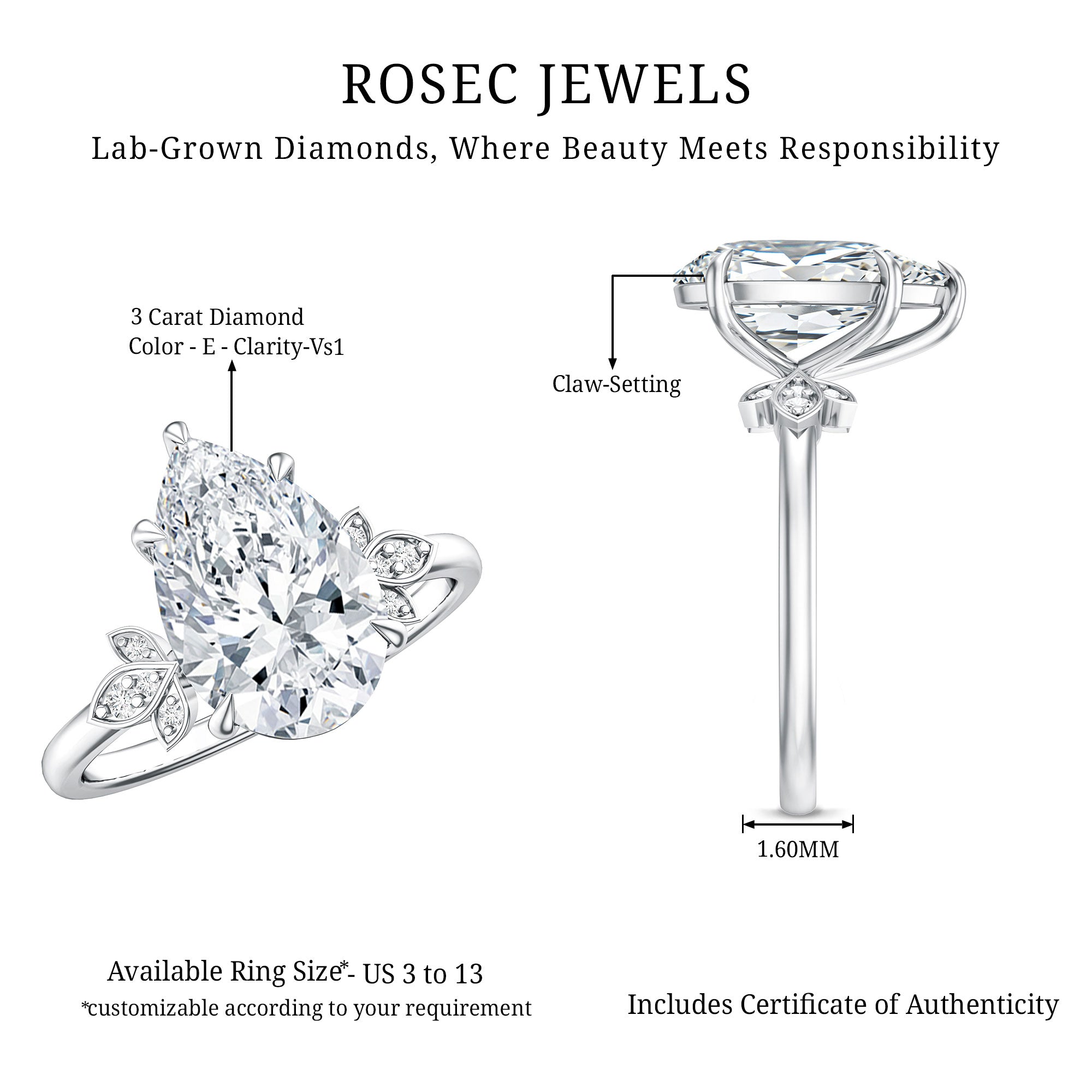 Rosec Jewels-Nature Inspired 3 Carat Lab Grown Diamond Solitaire Engagement Ring IGI Certified