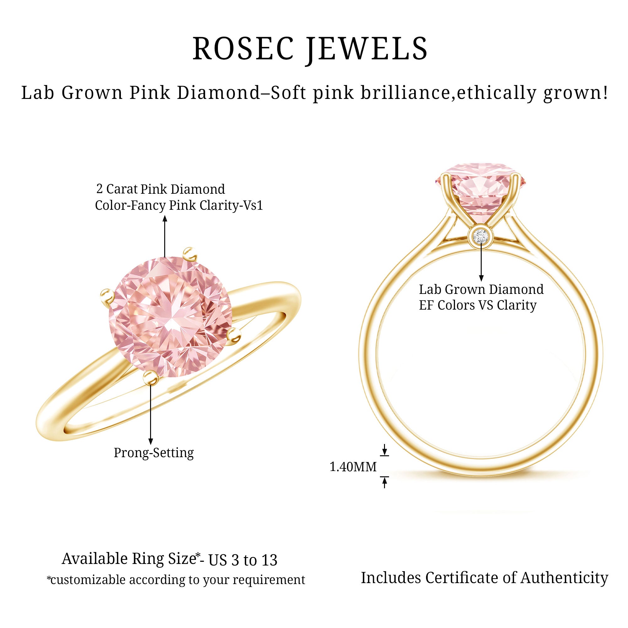 IGI Certified Round Lab Grown Pink Diamond 2 Carat Engagement Ring for Women Fancy Pink - VS1 - Rosec Jewels
