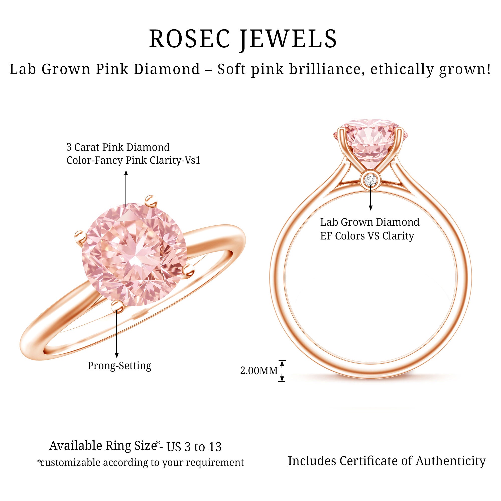 Rosec Jewels-3 Carat Lab Grown Pink Diamond Solitaire Engagement Ring with IGI Certificate