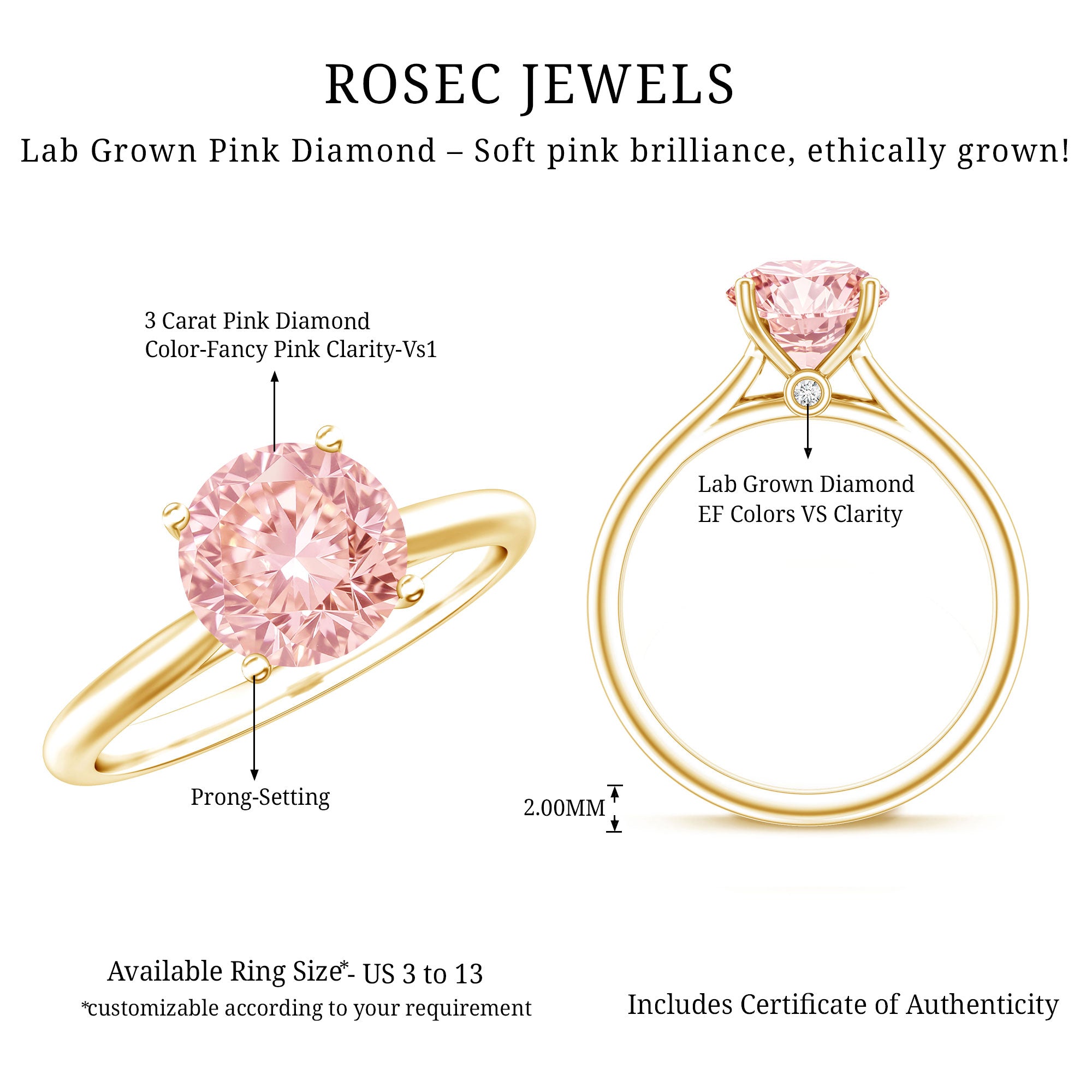 Rosec Jewels-3 Carat Lab Grown Pink Diamond Solitaire Engagement Ring with IGI Certificate