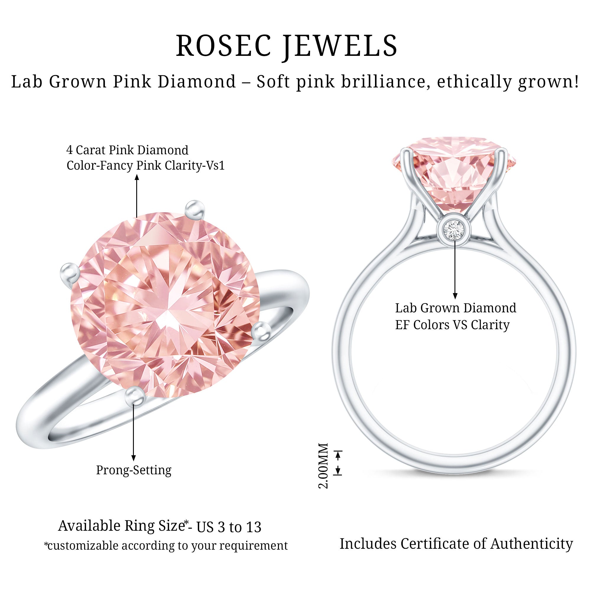 Rosec Jewels-Lab Grown Pink Diamond 4 Carat Solitaire Engagement Ring IGI Certified