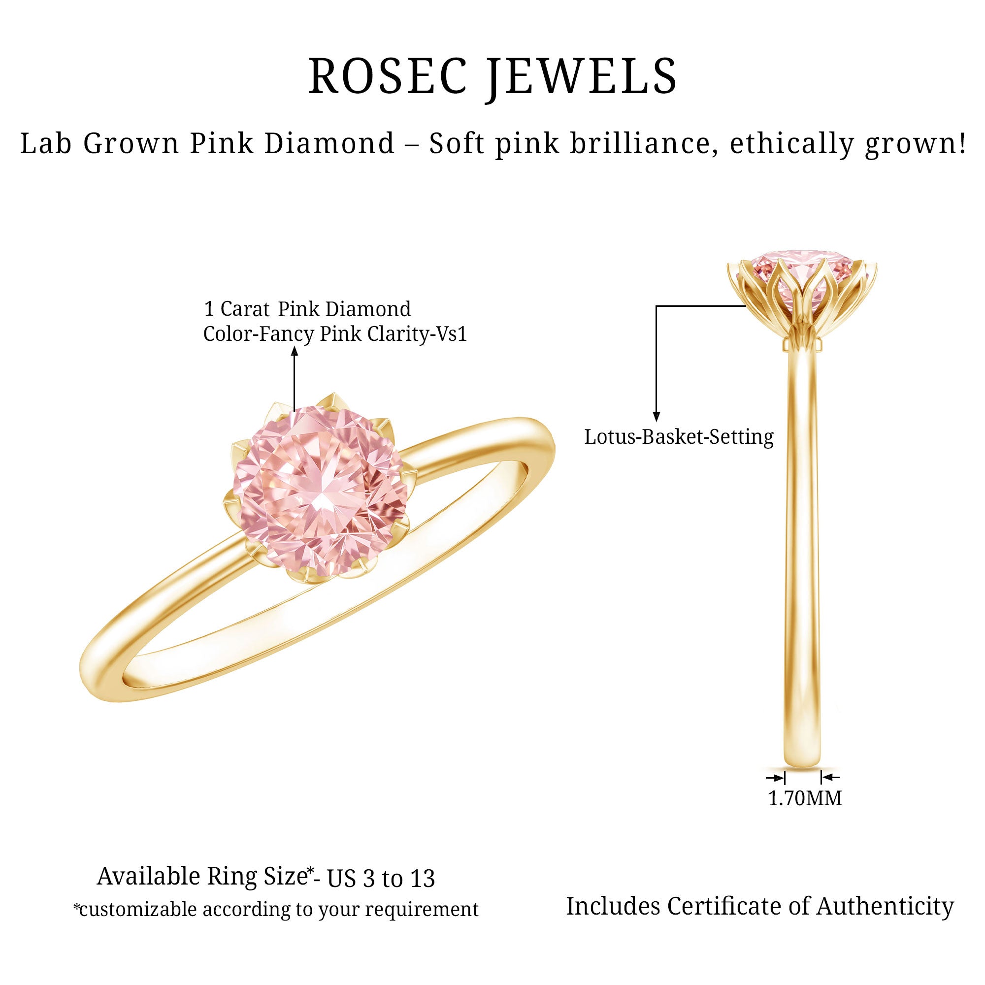 Rosec Jewels-Lotus Basket Set 1 Carat Lab Created Pink Diamond Solitaire Ring with IGI Certificate