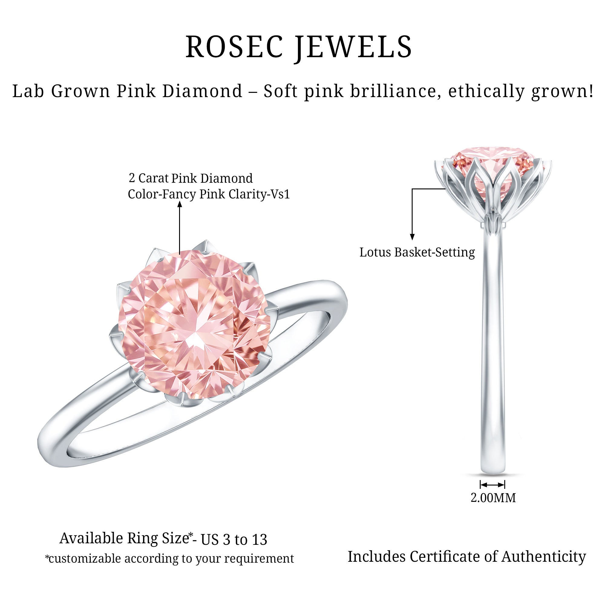 Rosec Jewels-Lotus Basket Set 2 Carat Engagement Ring with IGI Certified Lab Grown Pink Diamond