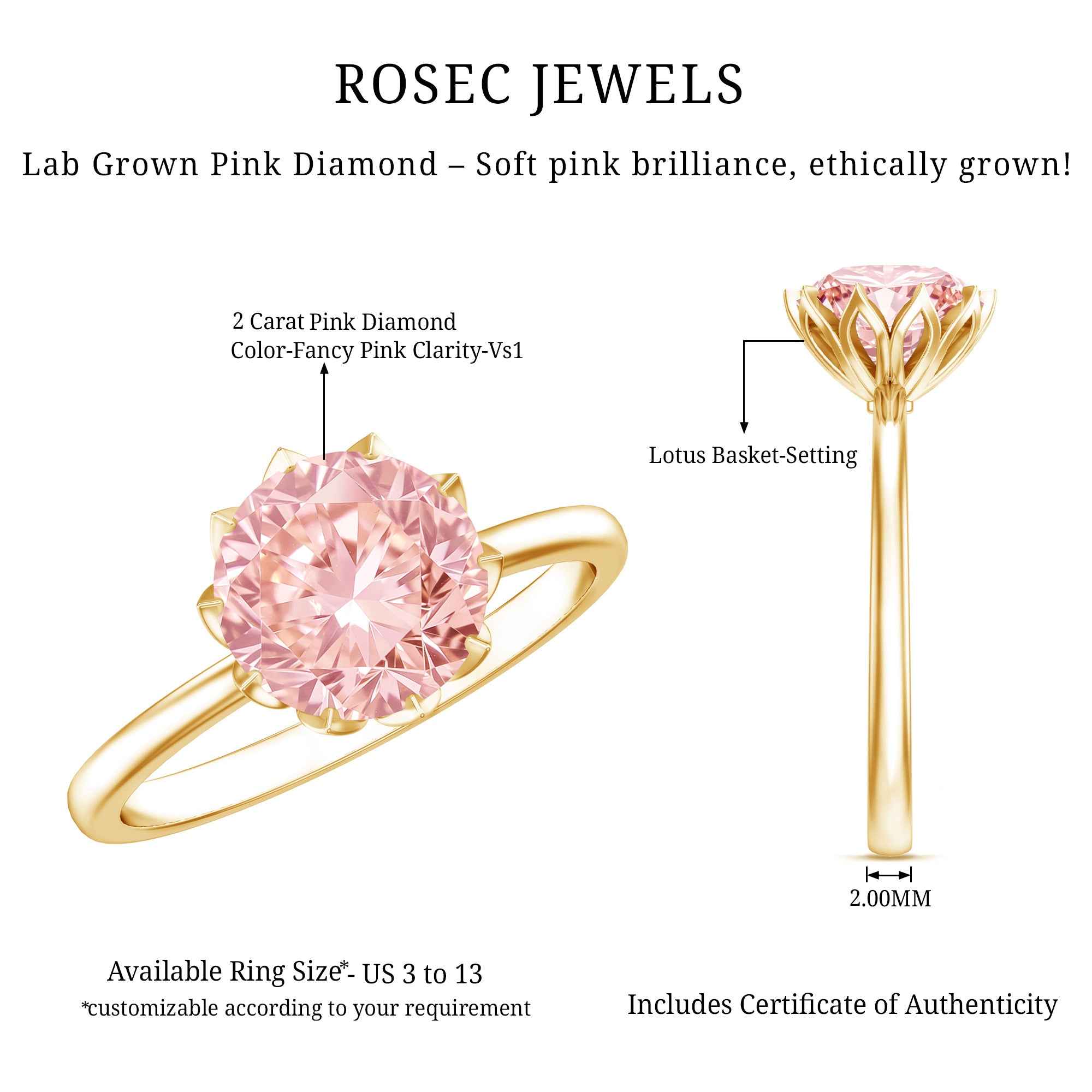 Rosec Jewels-Lotus Basket Set 2 Carat Engagement Ring with IGI Certified Lab Grown Pink Diamond