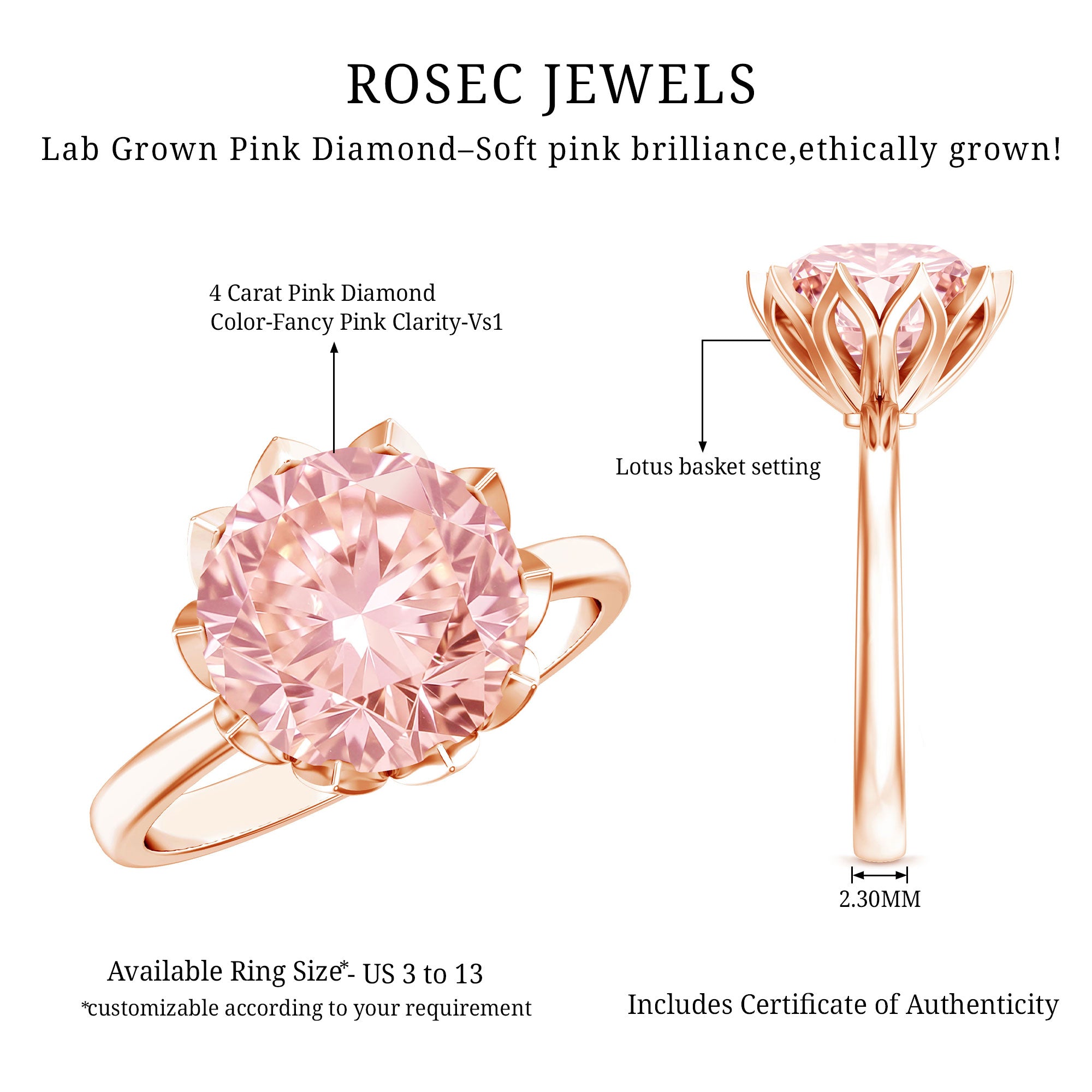 Rosec Jewels-IGI Certified 4 Carat Lab Grown Pink Diamond Ring For Engagement