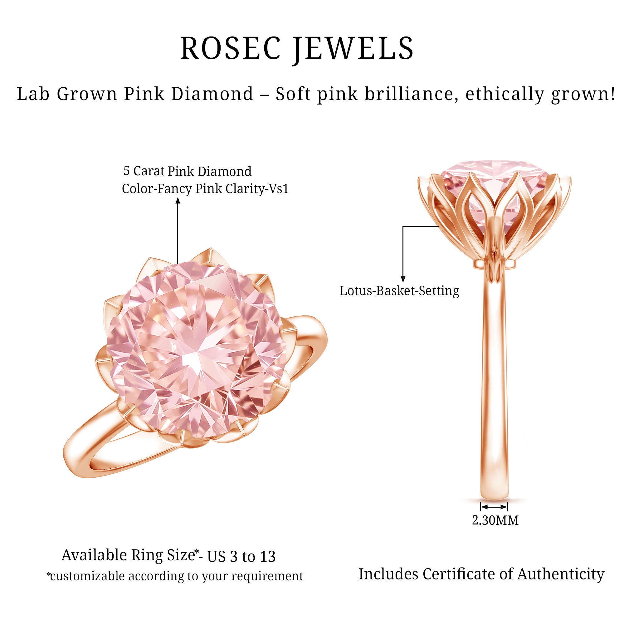 IGI Certified Solitaire 5 Carat Lab Grown Pink Diamond Lotus Engagement Ring Fancy Pink - VS1 - Rosec Jewels