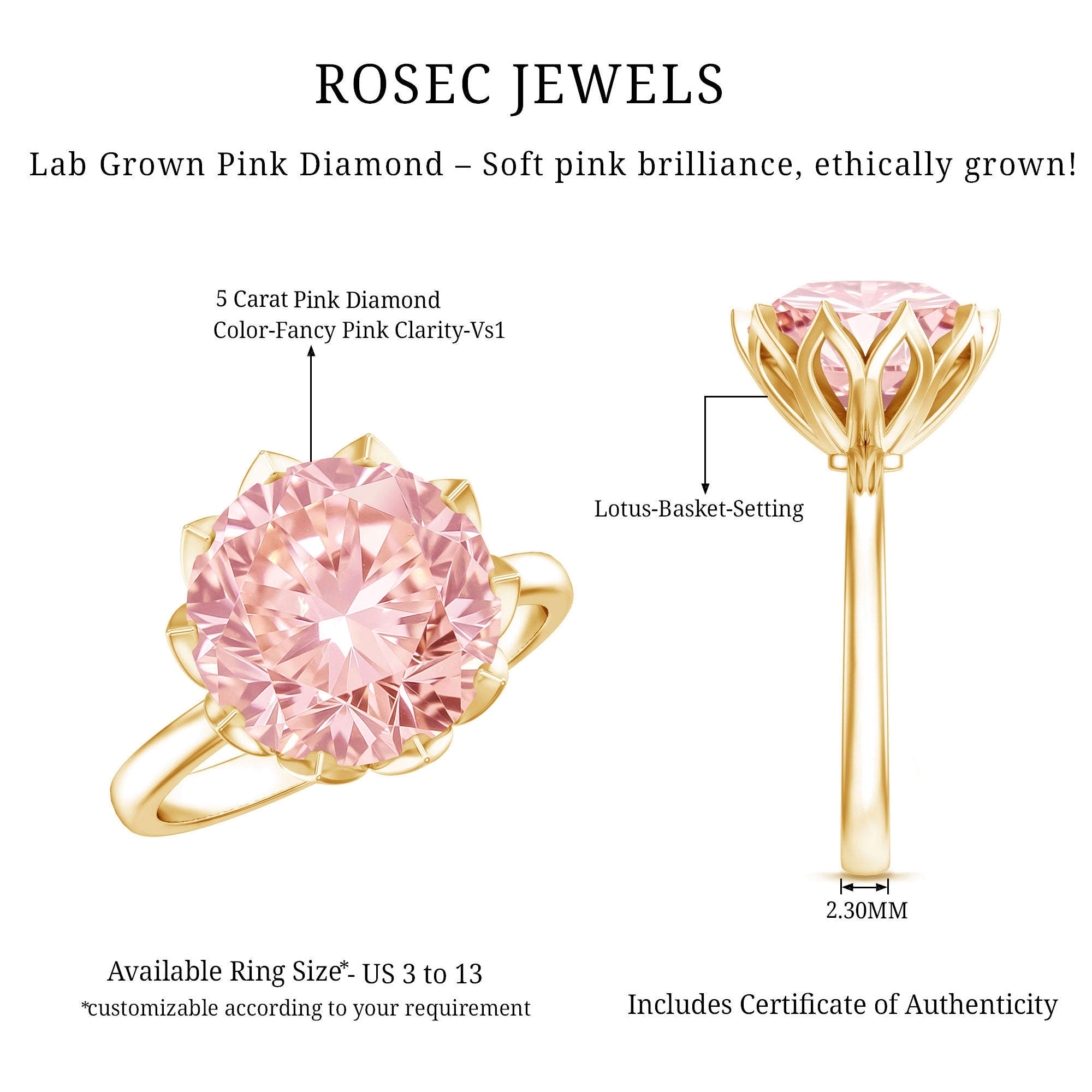 IGI Certified Solitaire 5 Carat Lab Grown Pink Diamond Lotus Engagement Ring Fancy Pink - VS1 - Rosec Jewels
