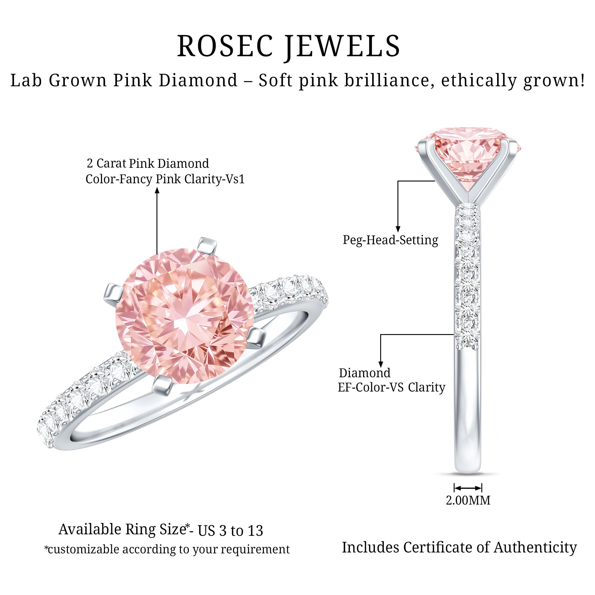 IGI Certified 2 Carat Lab Grown Pink and White Diamond Engagement Ring for Her Fancy Pink - VS1 - Rosec Jewels