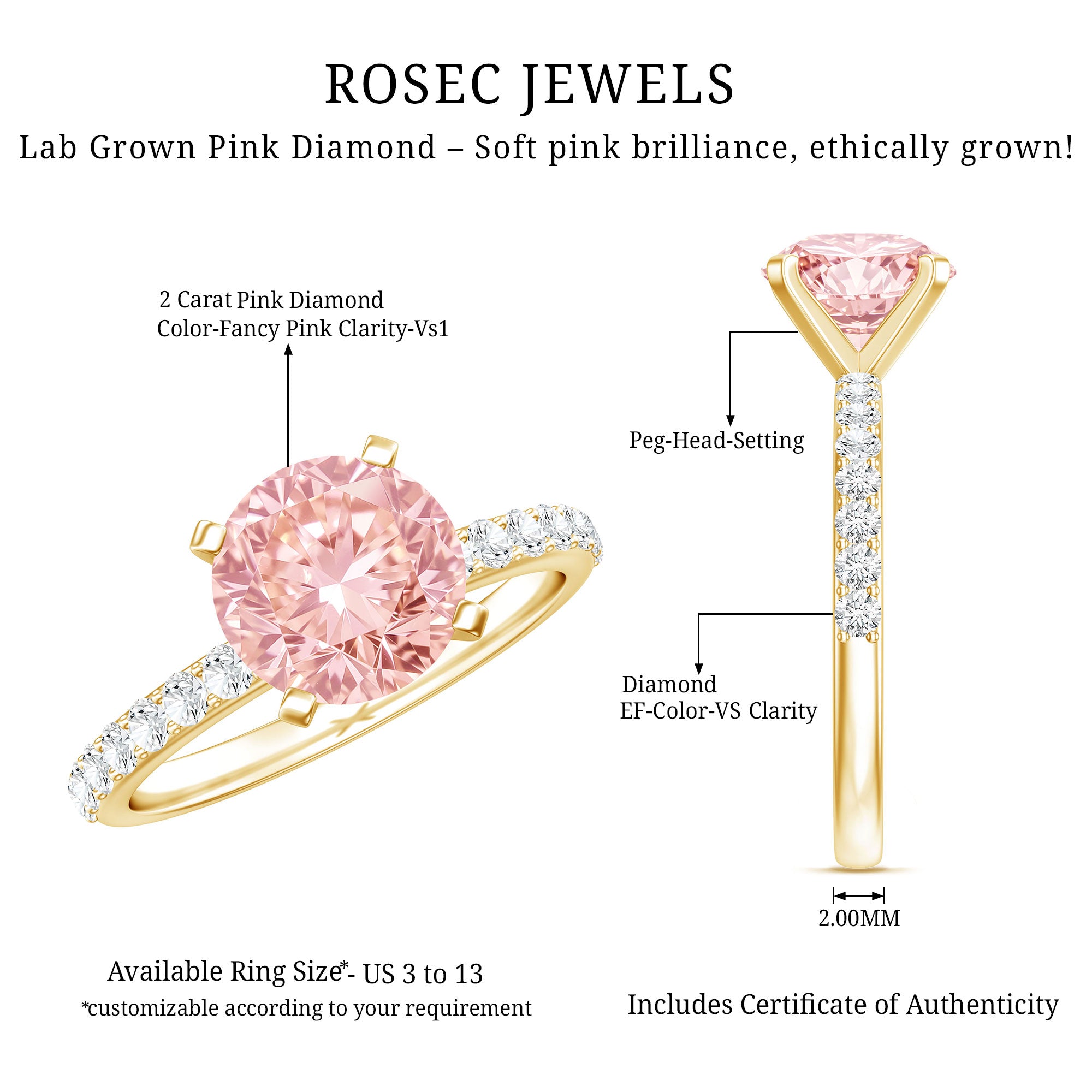 IGI Certified 2 Carat Lab Grown Pink and White Diamond Engagement Ring for Her Fancy Pink - VS1 - Rosec Jewels