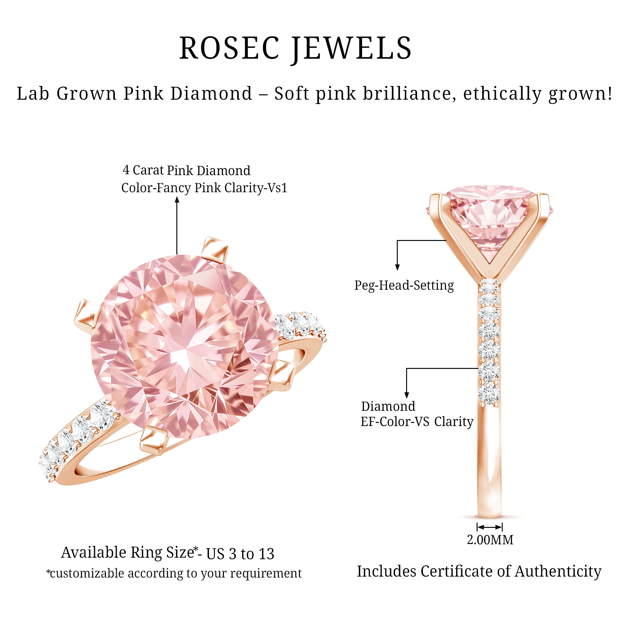 Rosec Jewels-IGI Certified 4 Carat Huge Lab Grown Pink Diamond Solitaire Engagement Ring