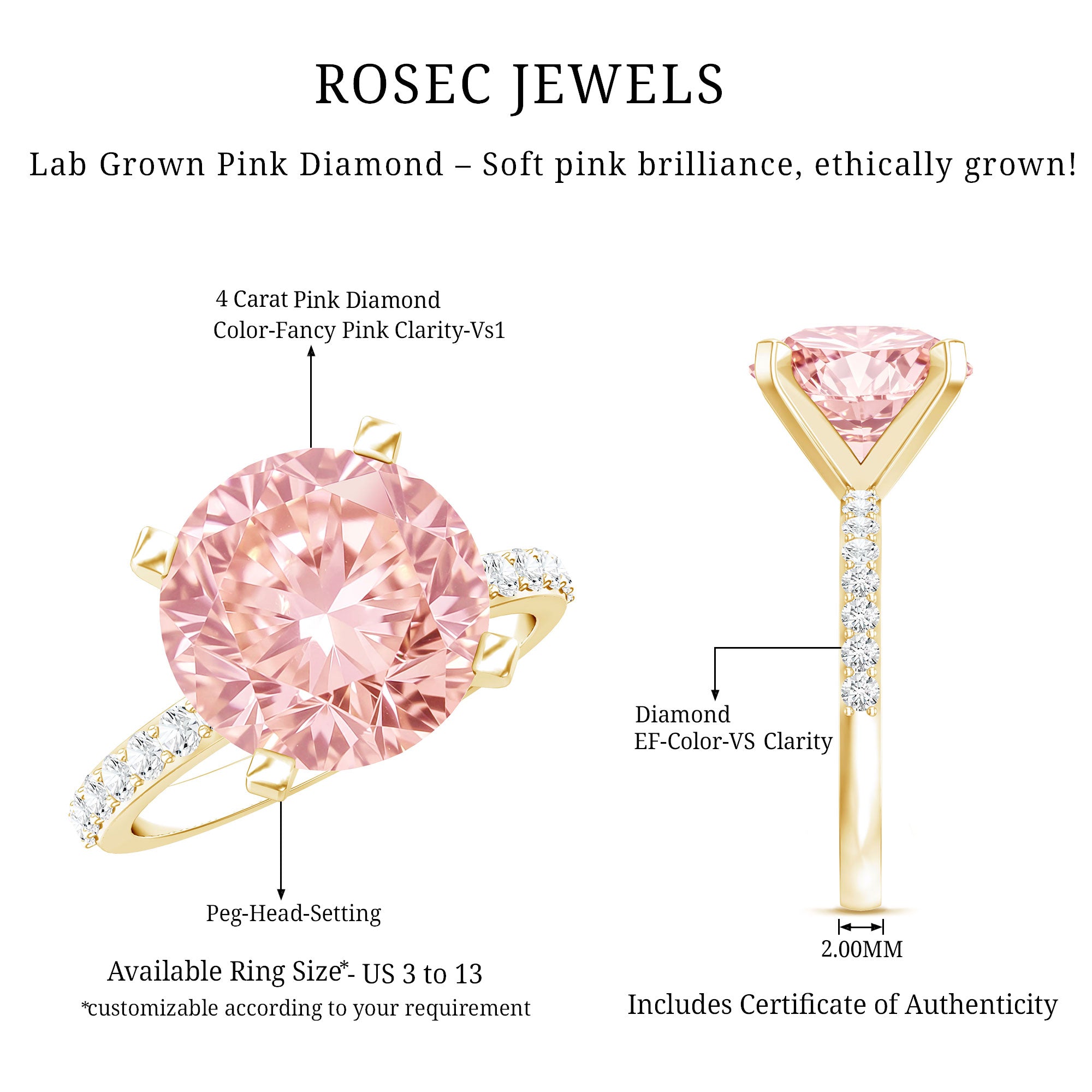 Rosec Jewels-IGI Certified 4 Carat Huge Lab Grown Pink Diamond Solitaire Engagement Ring