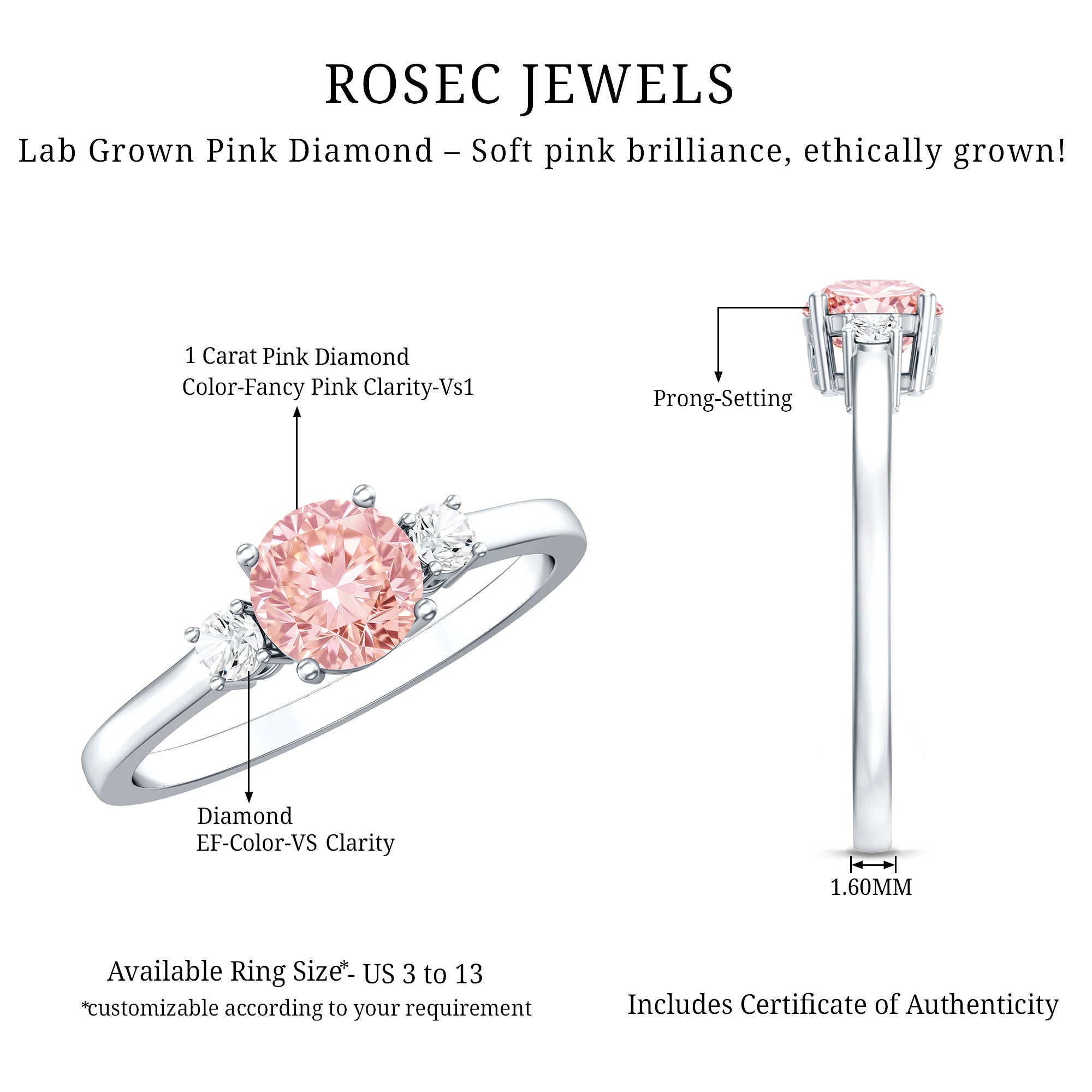 1 Carat IGI Certified Lab Grown Pink and White Diamond Three Stone Ring for Her Fancy Pink - VS1 - Rosec Jewels