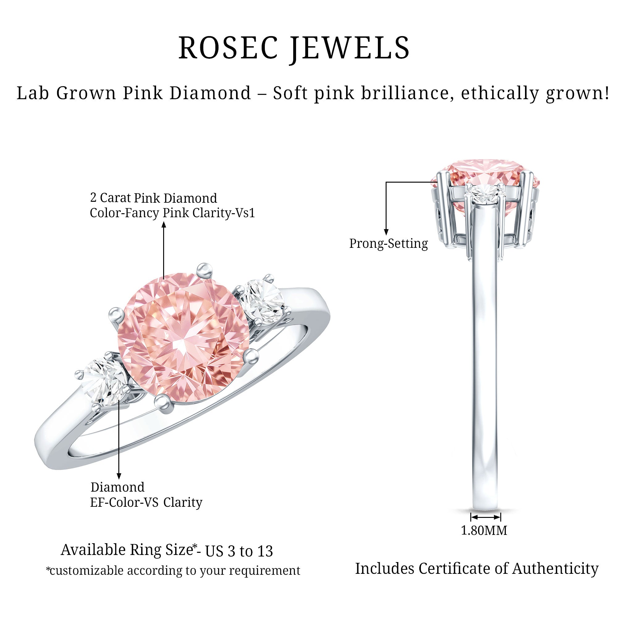 2 Carat Lab Grown Pink Diamond Three Stone Engagement Ring with IGI Certificate Fancy Pink - VS1 - Rosec Jewels