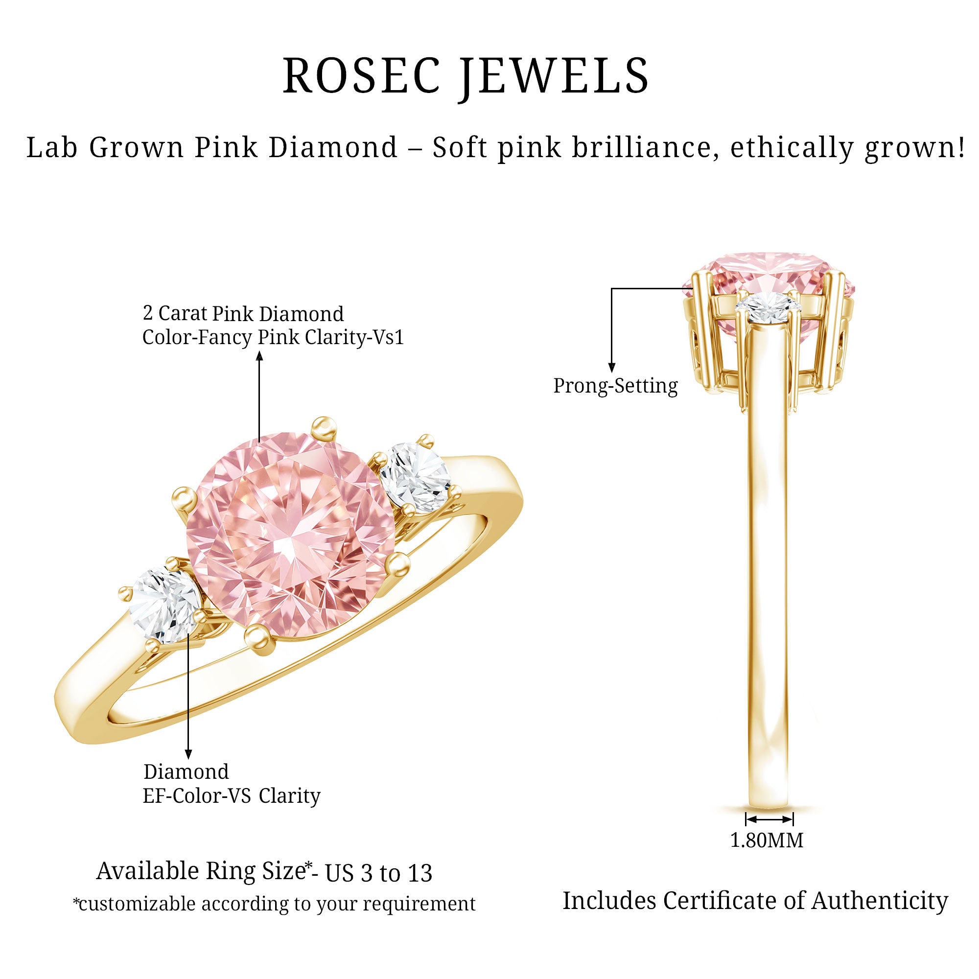 2 Carat Lab Grown Pink Diamond Three Stone Engagement Ring with IGI Certificate Fancy Pink - VS1 - Rosec Jewels