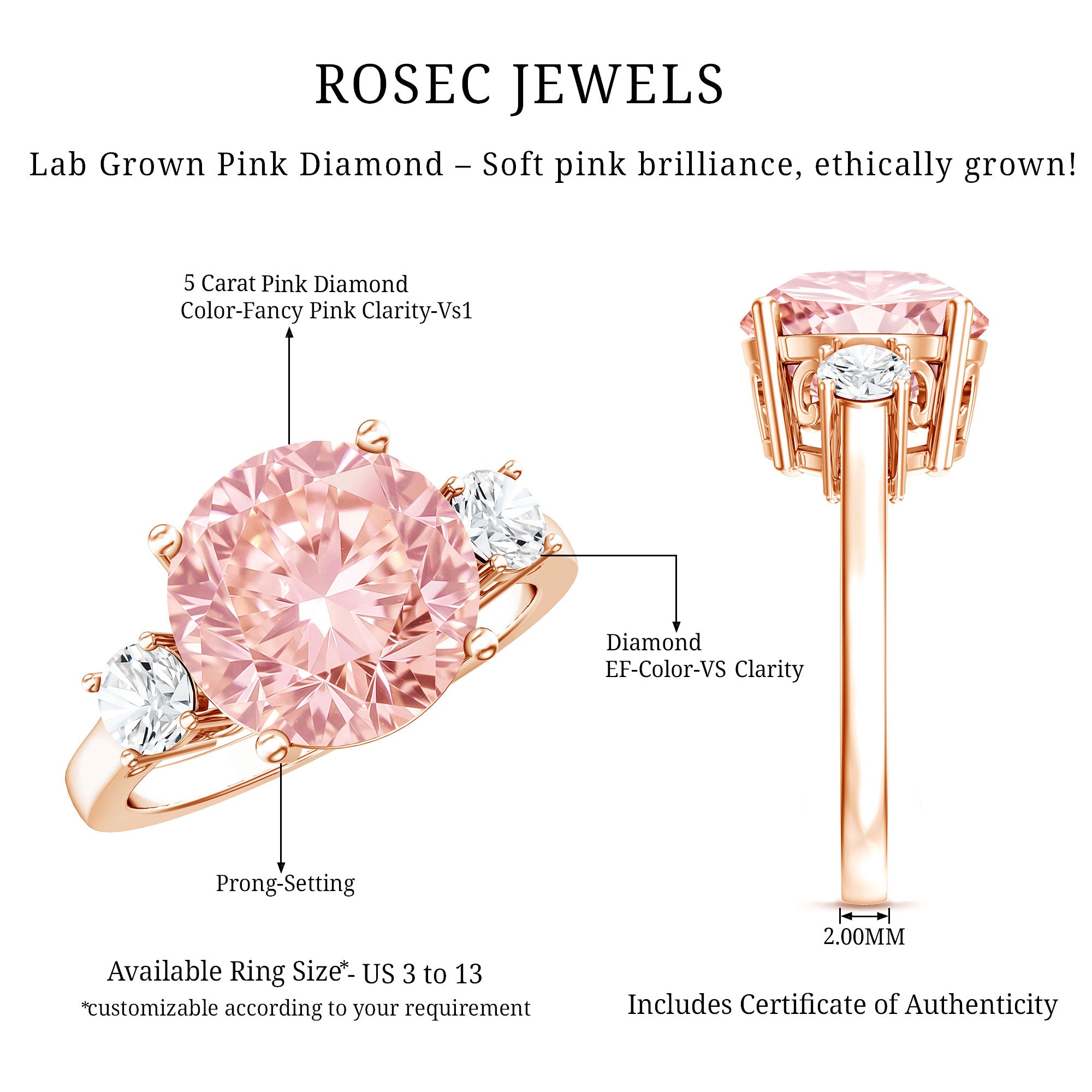 IGI Certified Lab Created Pink and White Diamond Three Stone Engagement Ring 5 Carat Fancy Pink - VS1 - Rosec Jewels