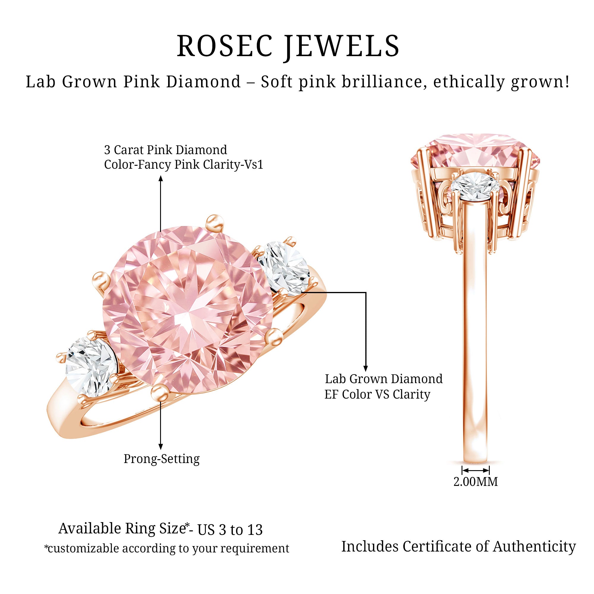 Rosec Jewels-3 Carat Lab Grown Pink and White Diamond Trilogy Engagement Ring with IGI Certificate