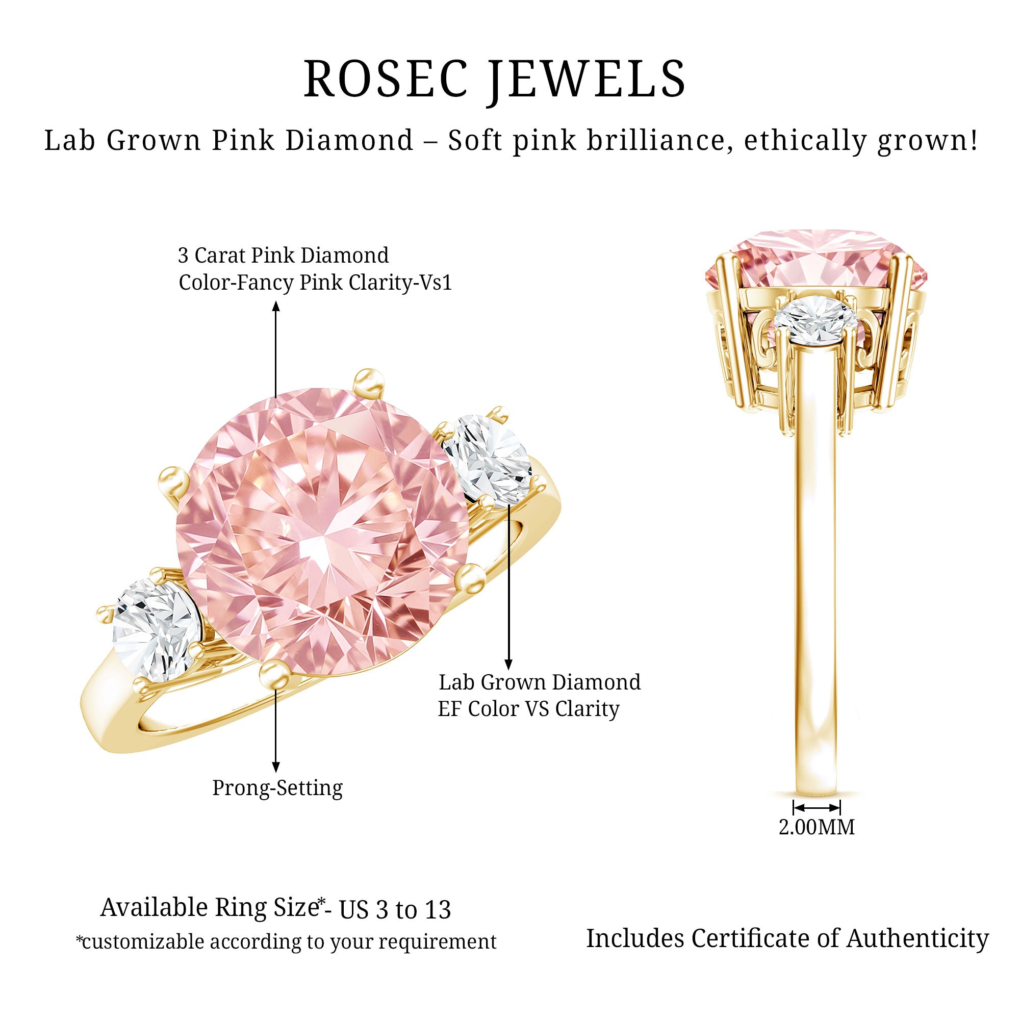 Rosec Jewels-3 Carat Lab Grown Pink and White Diamond Trilogy Engagement Ring with IGI Certificate
