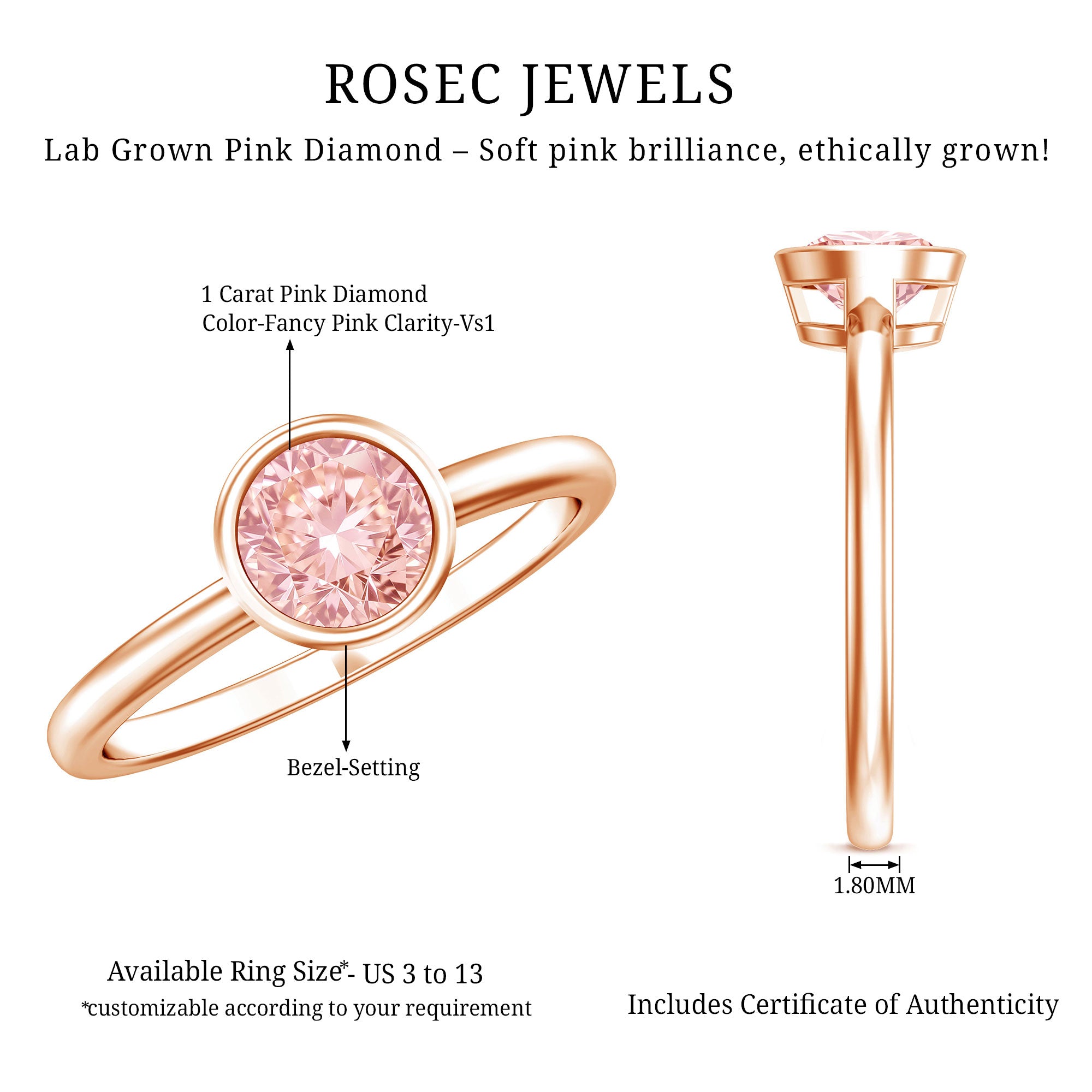 1 Carat Round Lab Grown Pink Diamond Solitaire Engagement Ring IGI Certified Fancy Pink - VS1 - Rosec Jewels