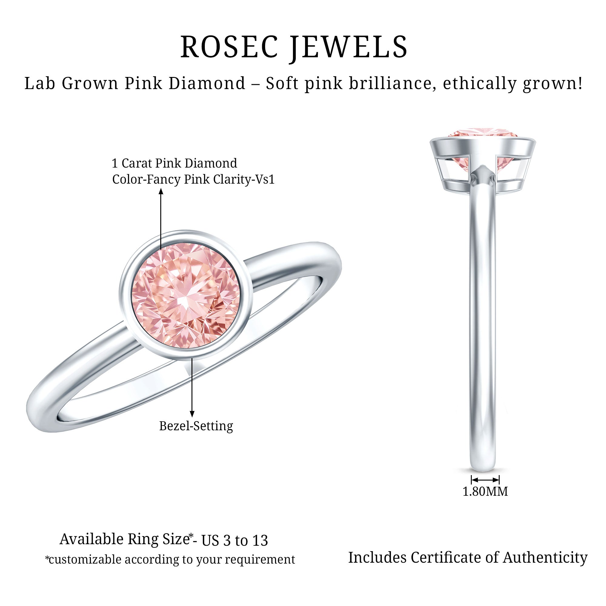 1 Carat Round Lab Grown Pink Diamond Solitaire Engagement Ring IGI Certified Fancy Pink - VS1 - Rosec Jewels