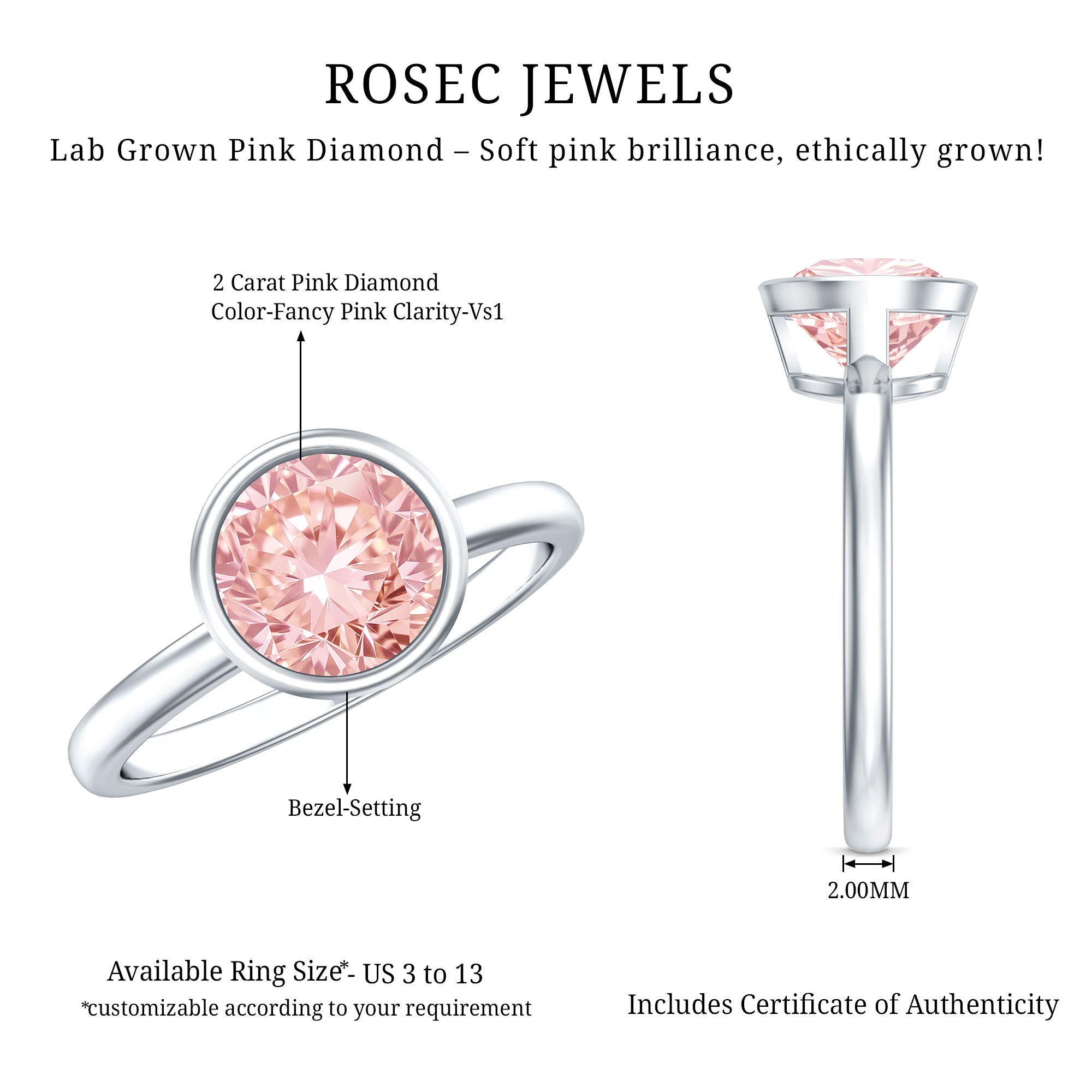 Solitaire 2 Carat Round Lab Grown Pink Diamond Engagement Ring IGI Certified Fancy Pink - VS1 - Rosec Jewels