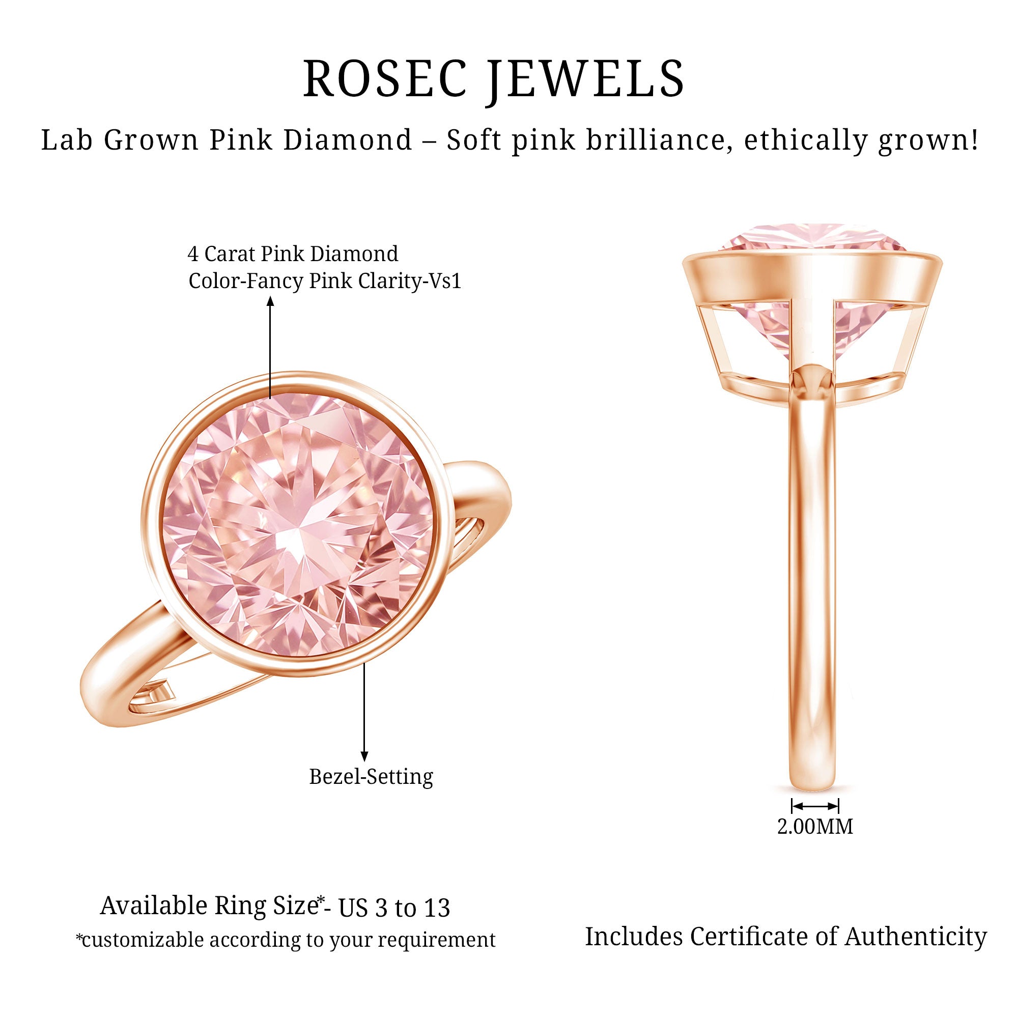 Rosec Jewels-Solitaire Lab Grown Pink Diamond 4 Carat Round Engagement Ring IGI Certified
